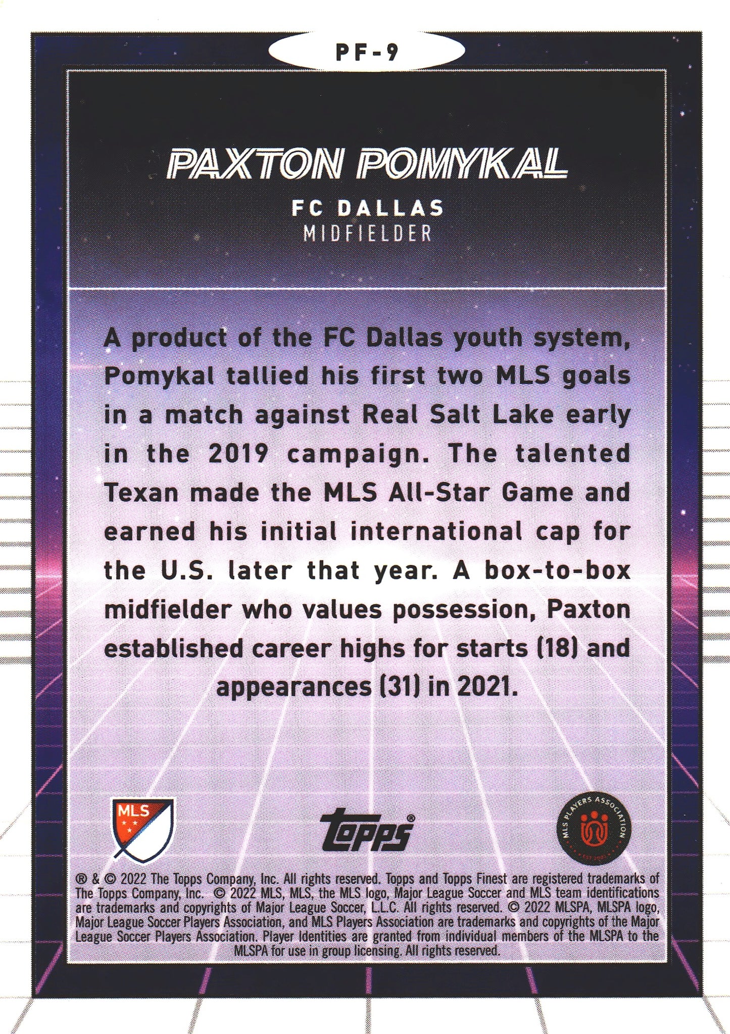 2022 Topps Finest MLS Prized Footballers Paxton Pomykal #PF-9 FC Dallas