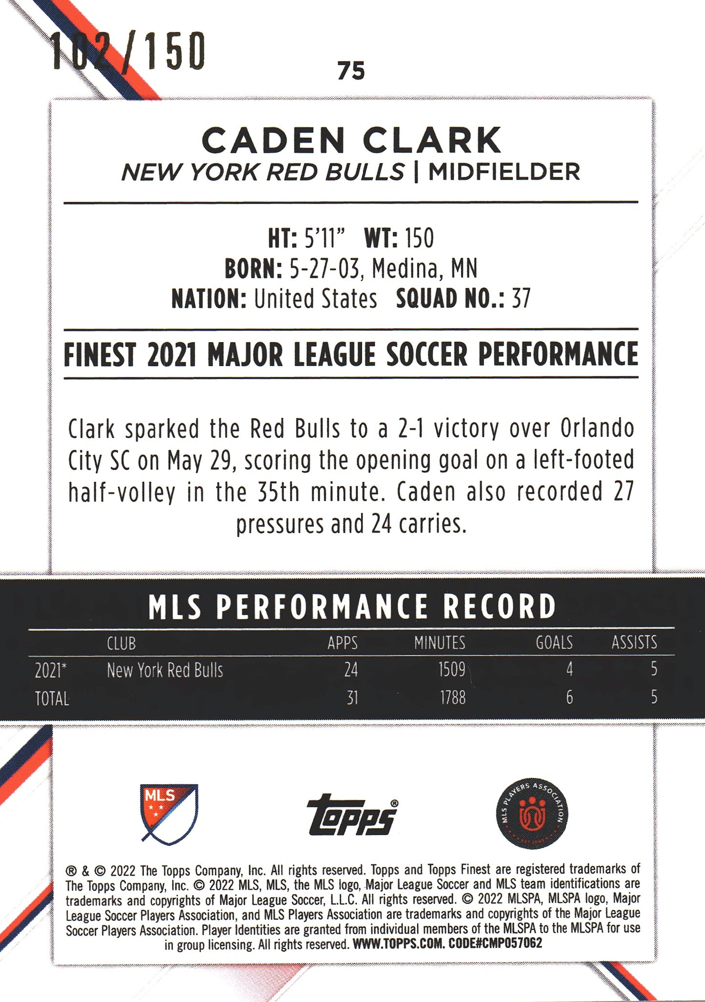 2022 Topps Finest MLS Blue /150 Caden Clark #75 New York Red Bulls