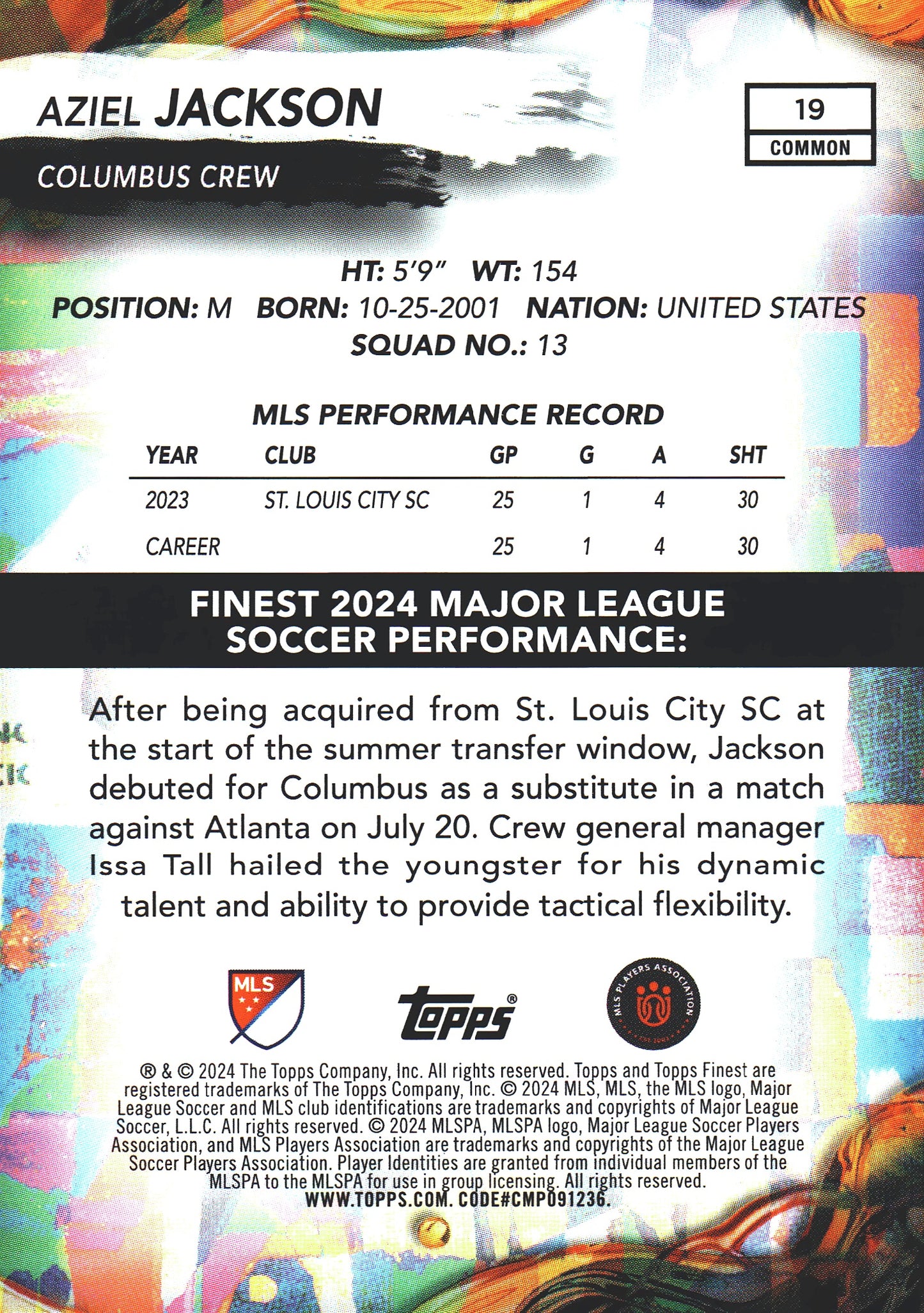 2024 Topps Finest MLS Checkerboard Refractor Aziel Jackson #19 Columbus Crew