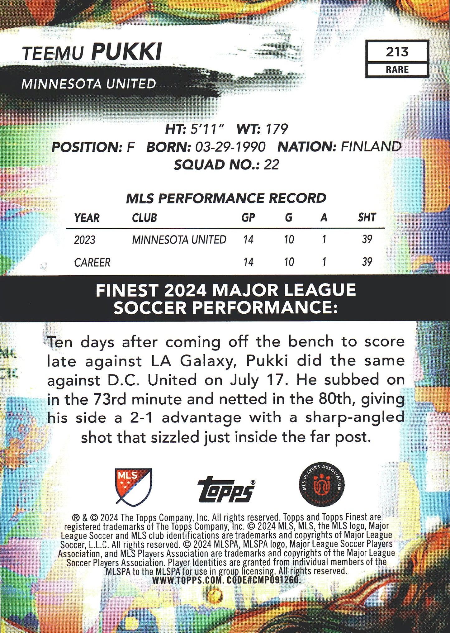 2024 Topps Finest MLS Checkerboard Refractor Teemu Pukki #213 Minnesota United FC