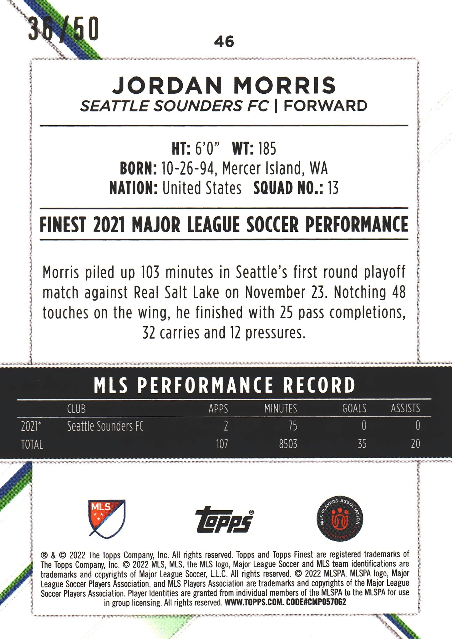 2022 Topps Finest MLS Gold /50 Jordan Morris #46 Seattle Sounders
