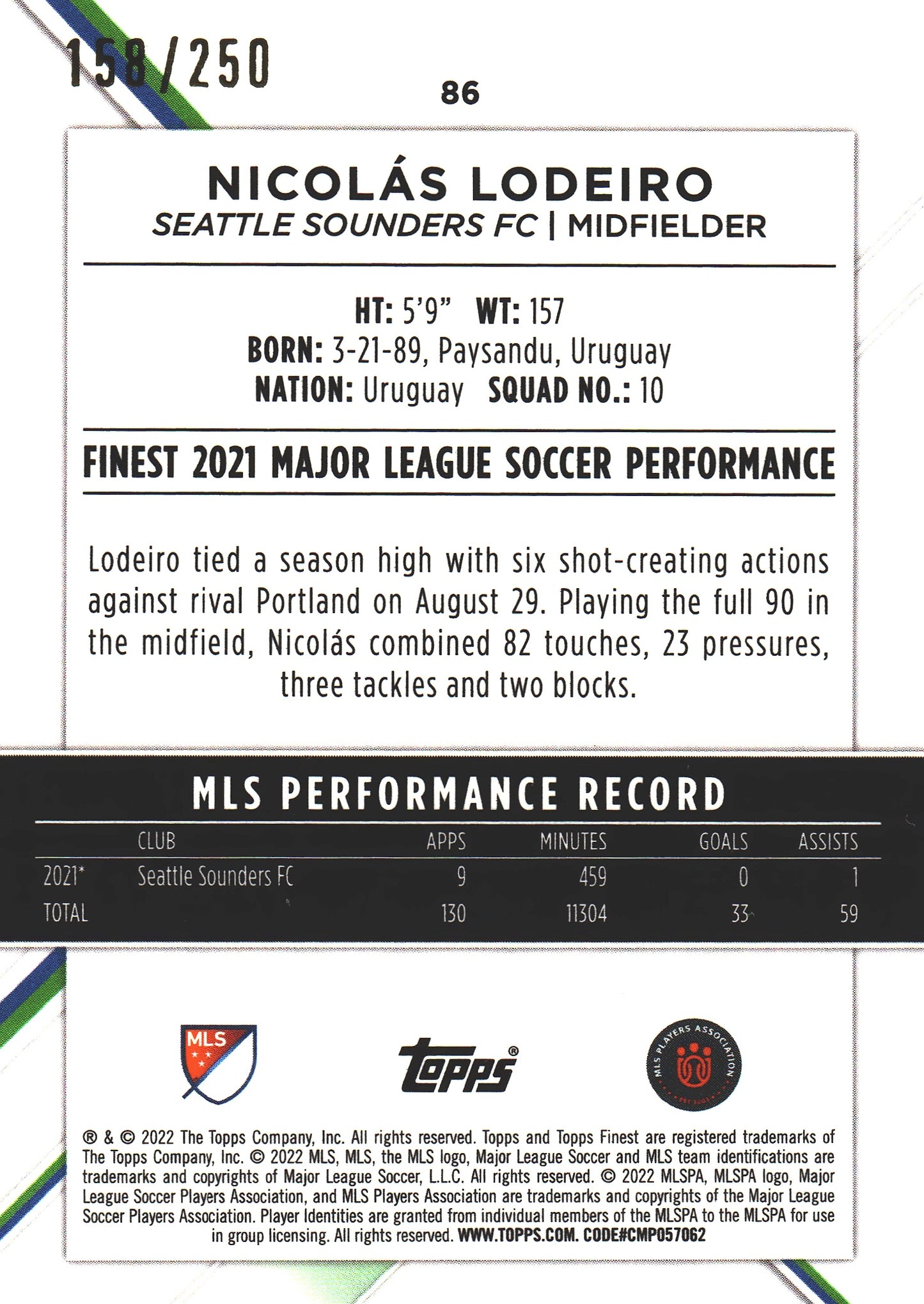 2022 Topps Finest MLS Purple /250 Nicolas Lodeiro #86 Seattle Sounders
