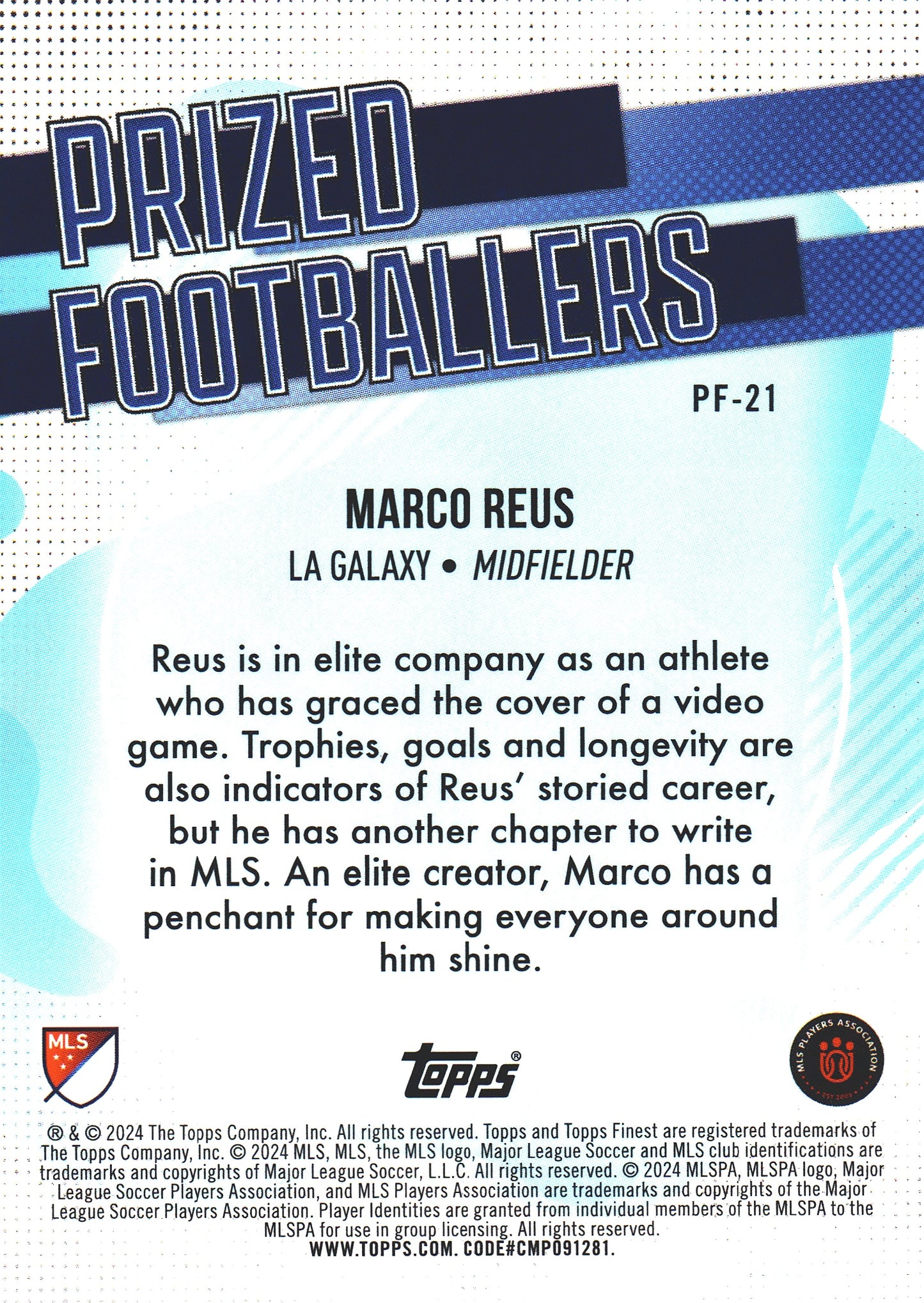 2024 Topps Finest MLS Prized Footballers Marco Reus #PF-21 Los Angeles Galaxy