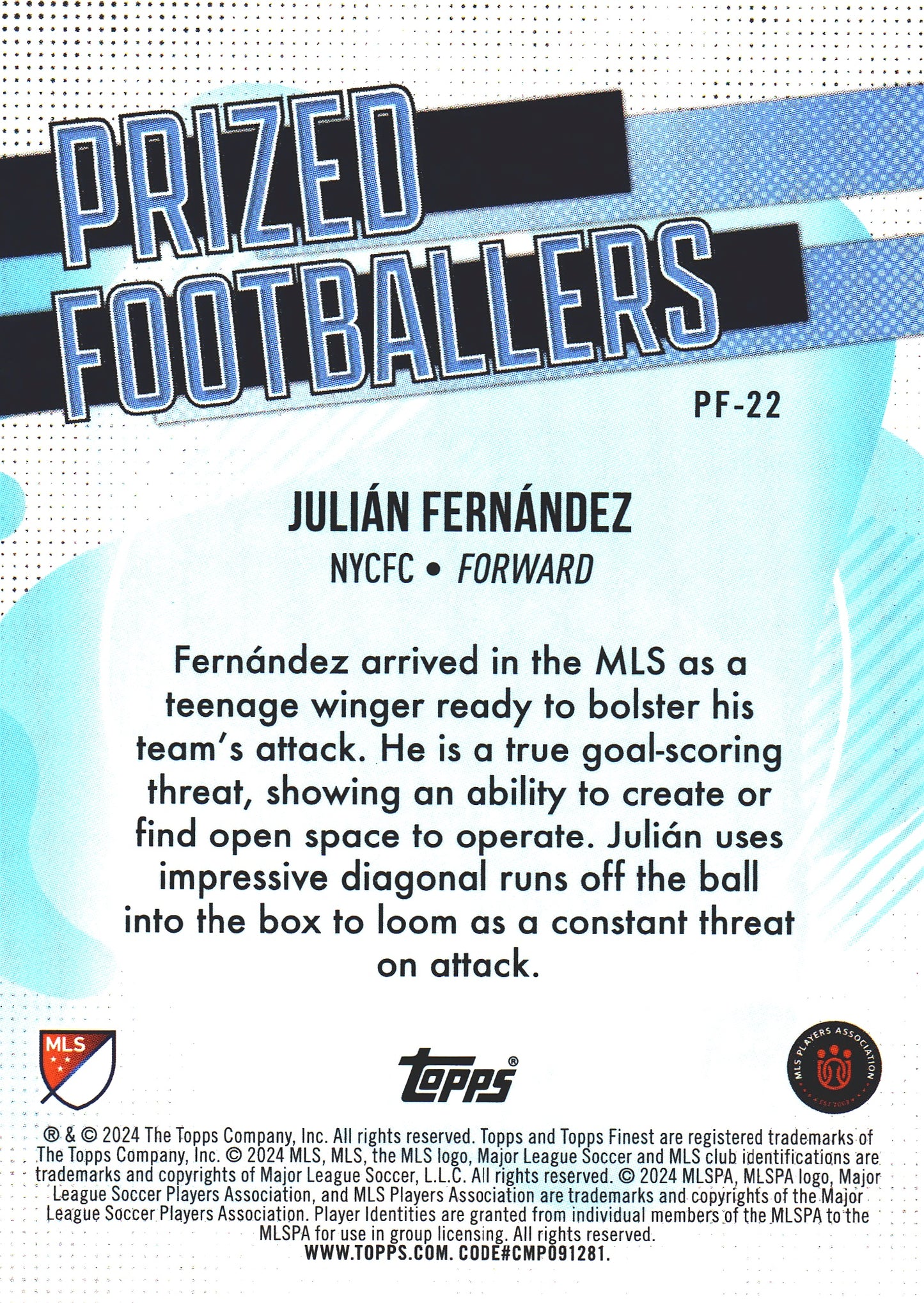 2024 Topps Finest MLS Prized Footballers Julian Fernandez #PF-22 New York City FC