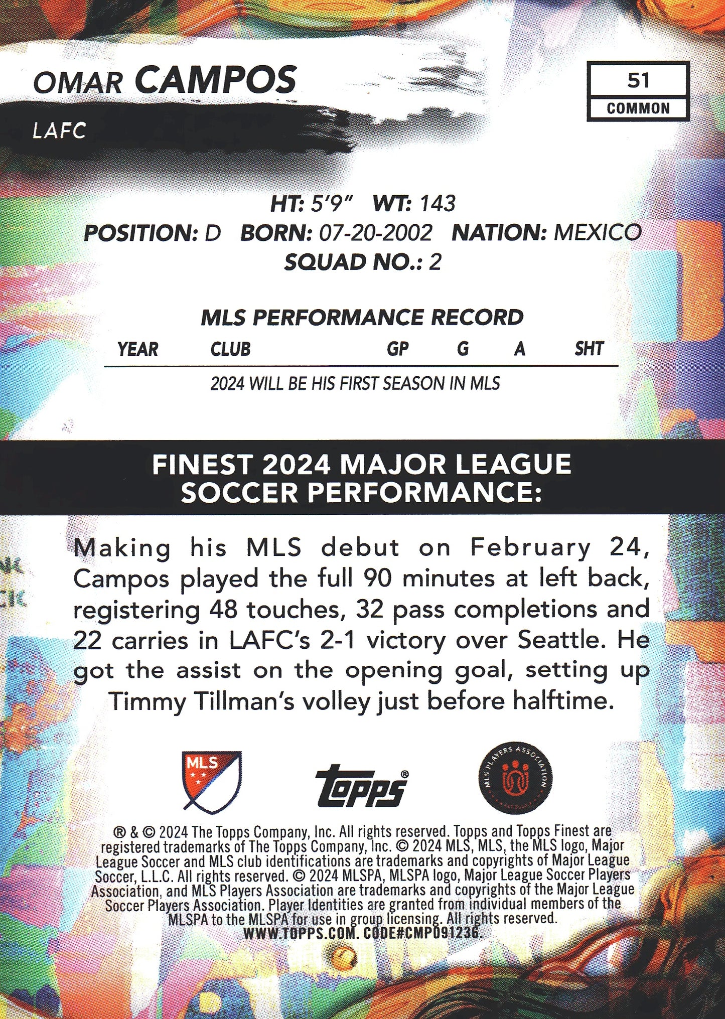 2024 Topps Finest MLS Neon Green /125 Omar Campos RC #51 LAFC