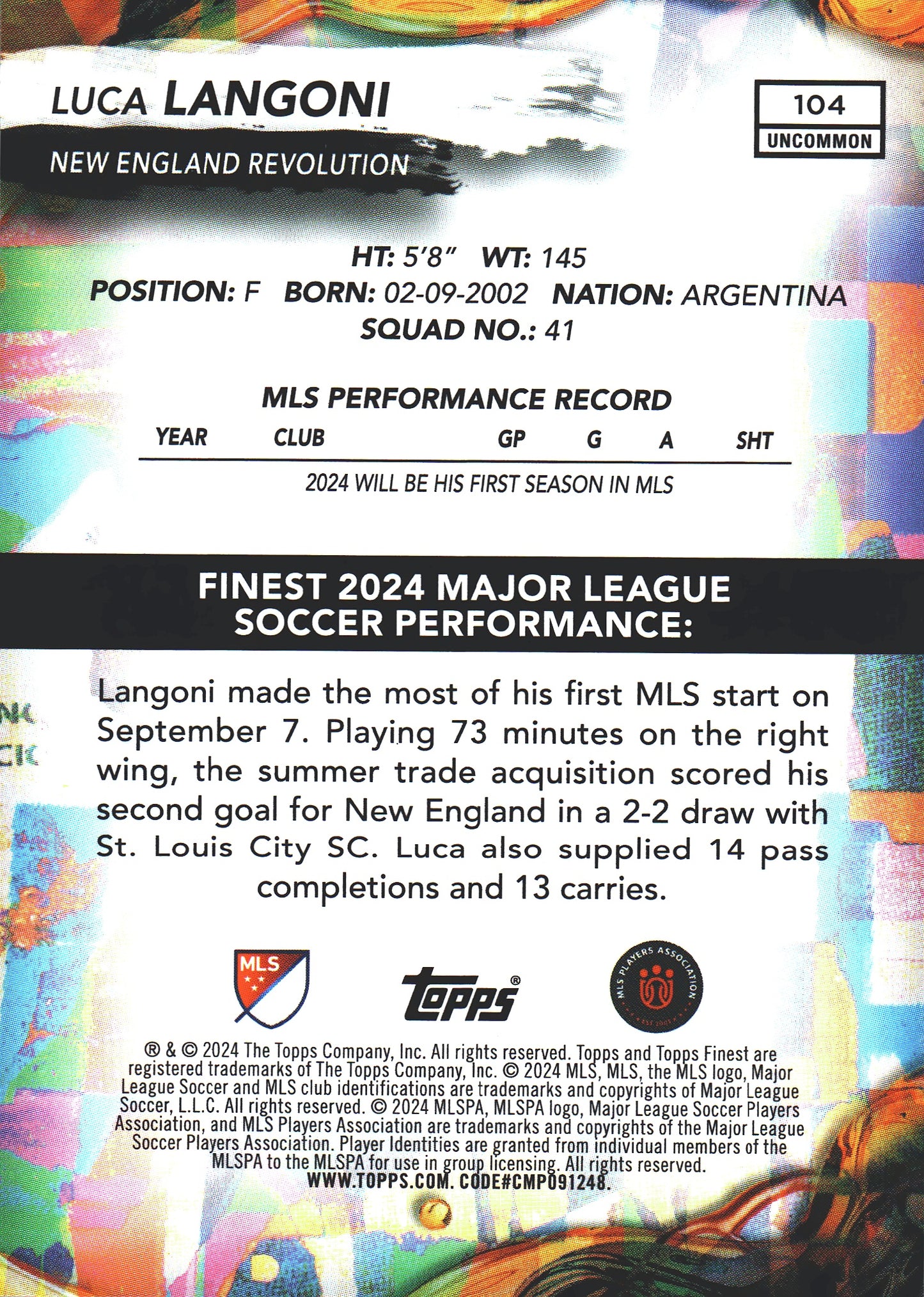 2024 Topps Finest MLS Neon Green /99 Luca Langoni RC #104 New England Revolution