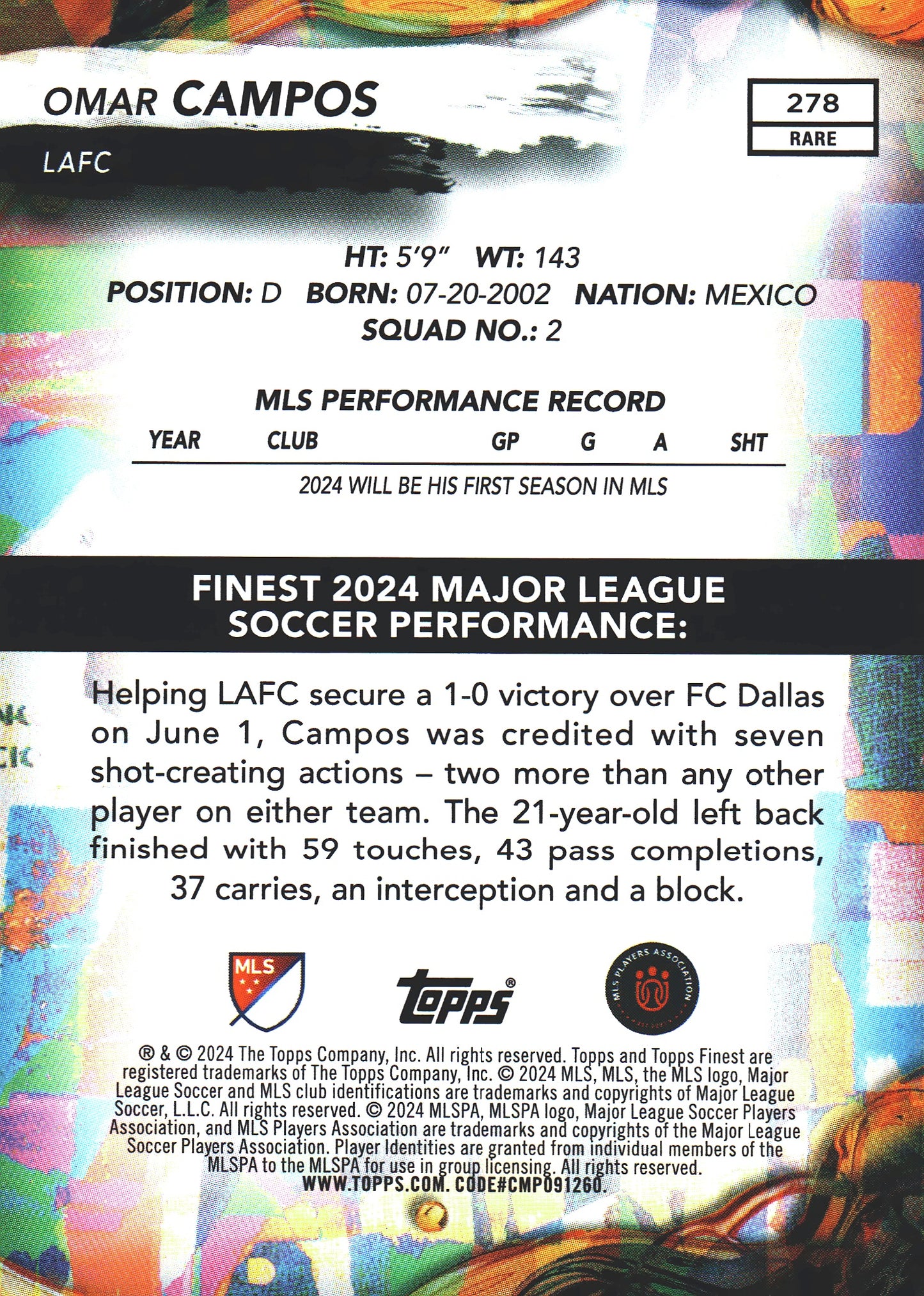2024 Topps Finest MLS Aqua /50 Omar Campos RC #278 LAFC