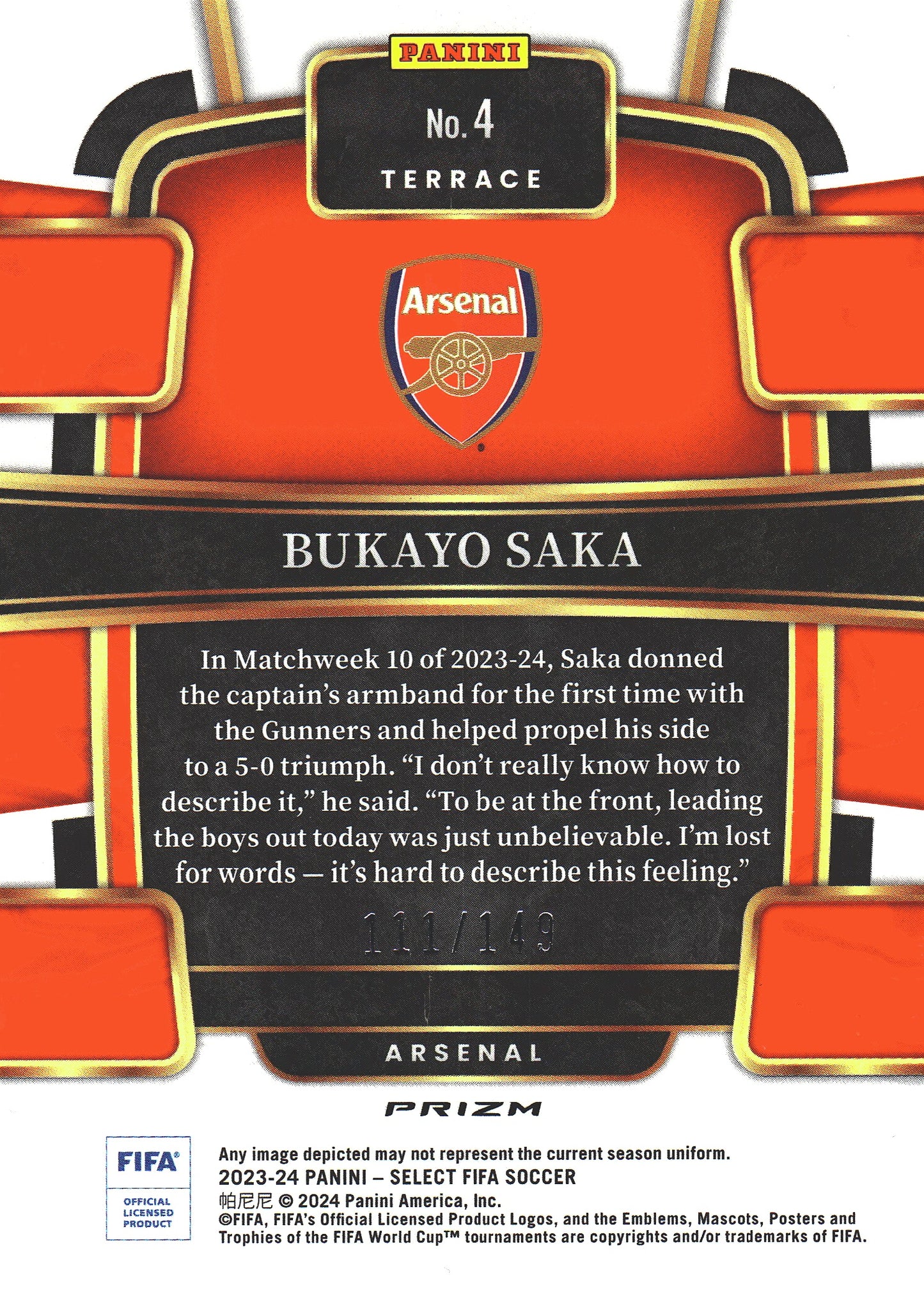 2023 Panini Select FIFA Red Wave /149 Bukayo Saka #4 Arsenal