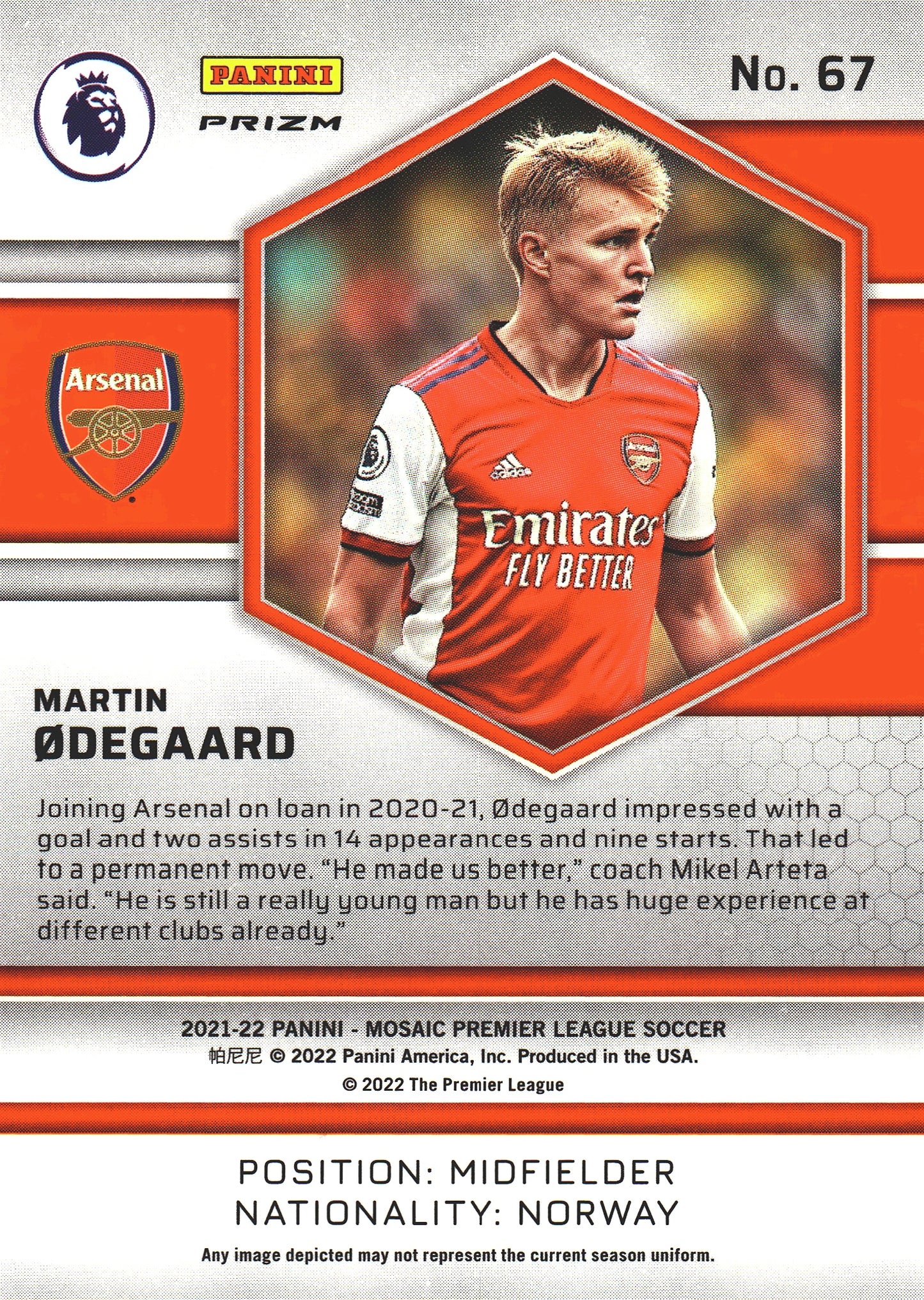 2021 Panini Mosaic Premier League Red Prizm Martin Odegaard #67 Arsenal