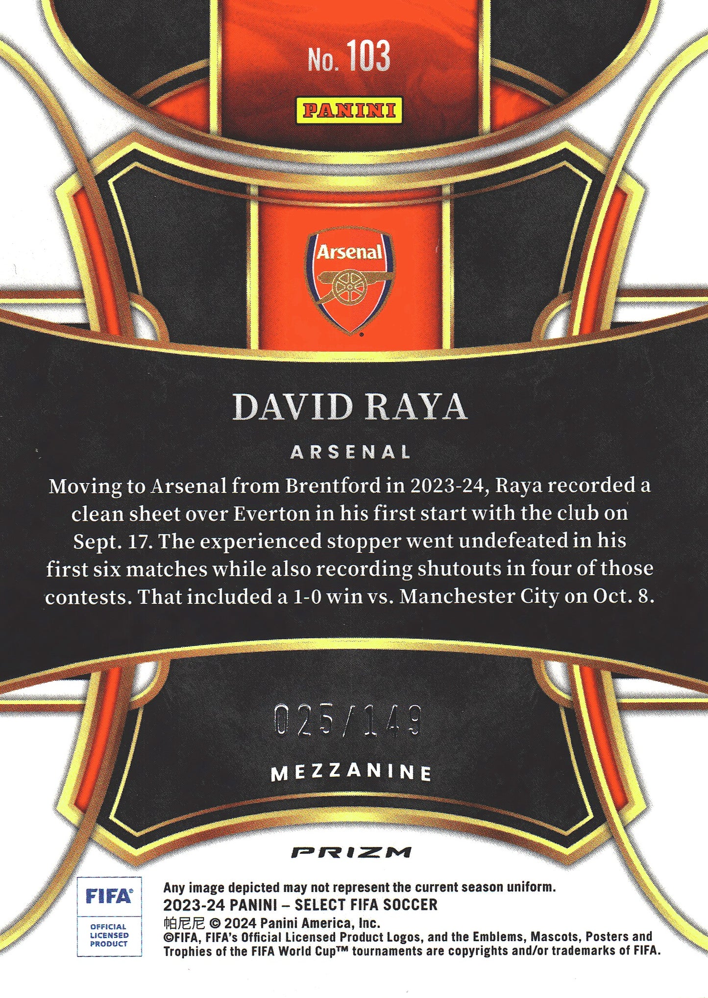 2023 Panini Select FIFA Red Wave /149 David Raya #103 Arsenal