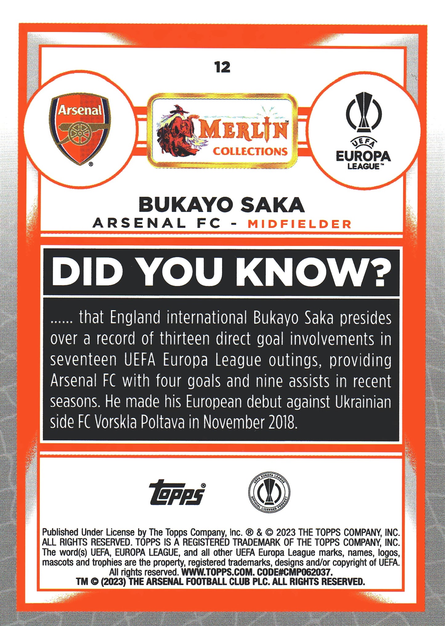 2022 Topps Merlin UCC Aqua Prism Bukayo Saka #12 Arsenal
