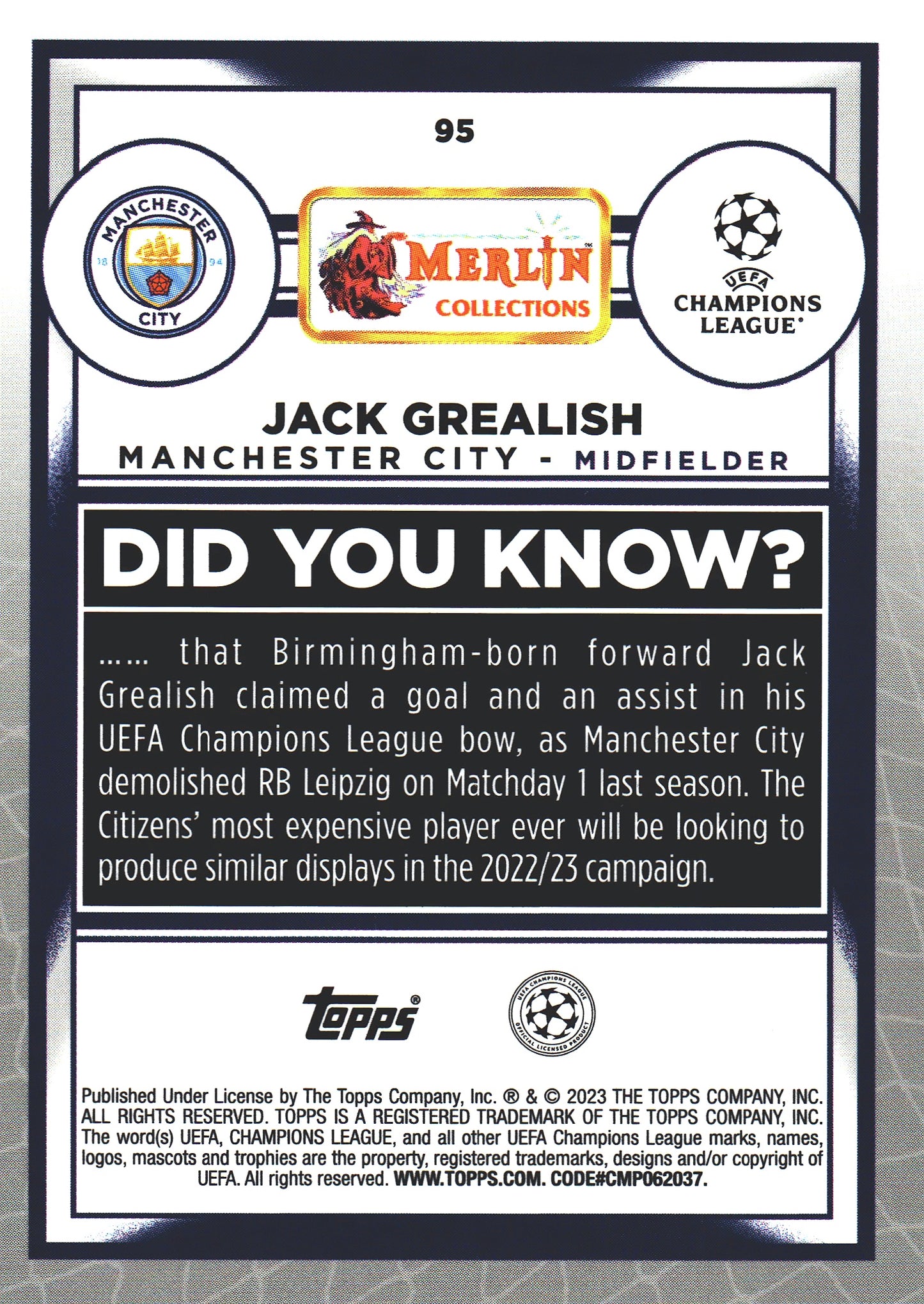 2022 Topps Merlin UCC Aqua Prism Jack Grealish #95 Manchester City