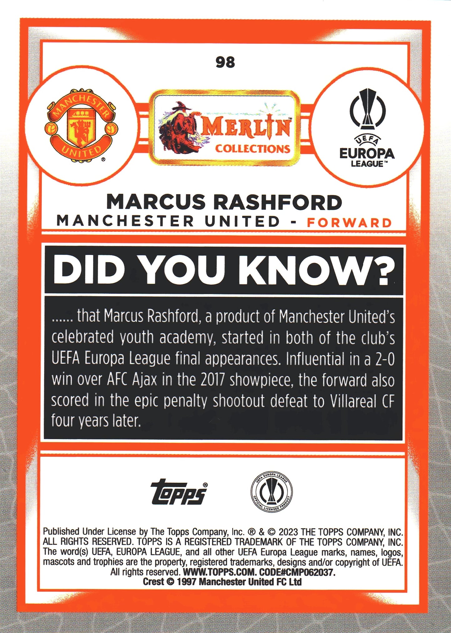 2022 Topps Merlin UCC Pink Mojo /275 Marcus Rashford #98 Manchester United