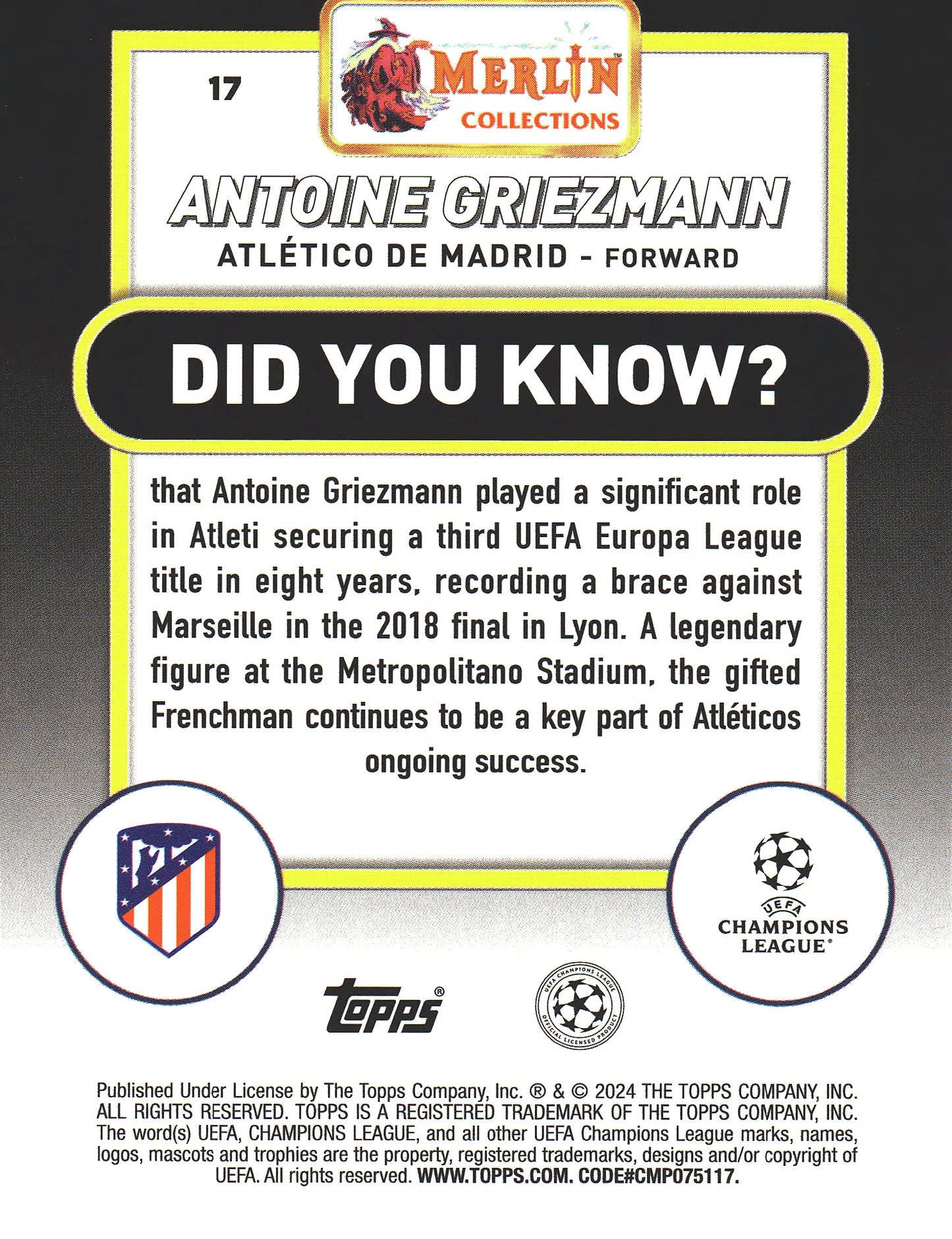 2023 Topps Merlin UCC Antoine Griezmann #17 Atletico de Madrid