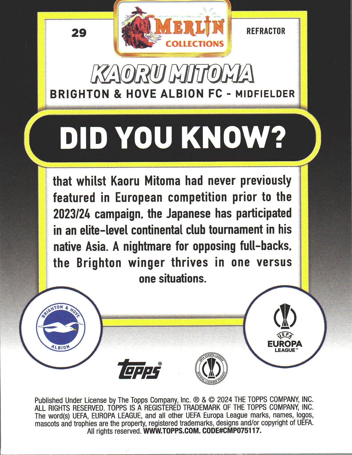 2023 Topps Merlin UCC Refractor Kaoru Mitoma #29 Brighton