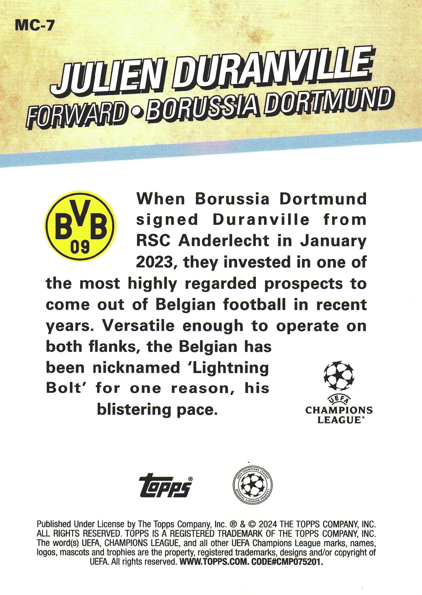 2023 Topps Merlin UCC Merlin's Chosen Ones Julien Duranville RC #MC-7 Dortmund