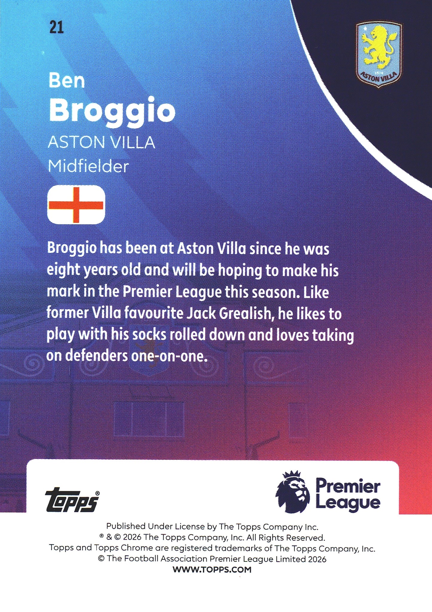 2025 Topps Chrome PL Geometric Ben Broggio RC #21 Aston Villa