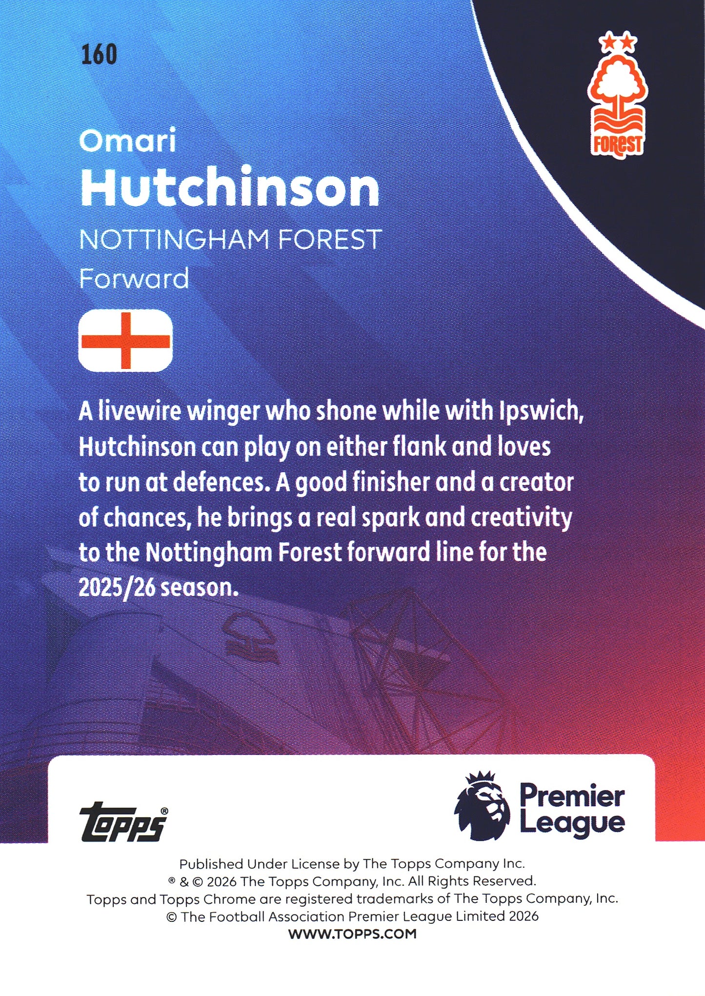 2025 Topps Chrome PL Geometric Omari Hutchinson #160 Nottingham Forest