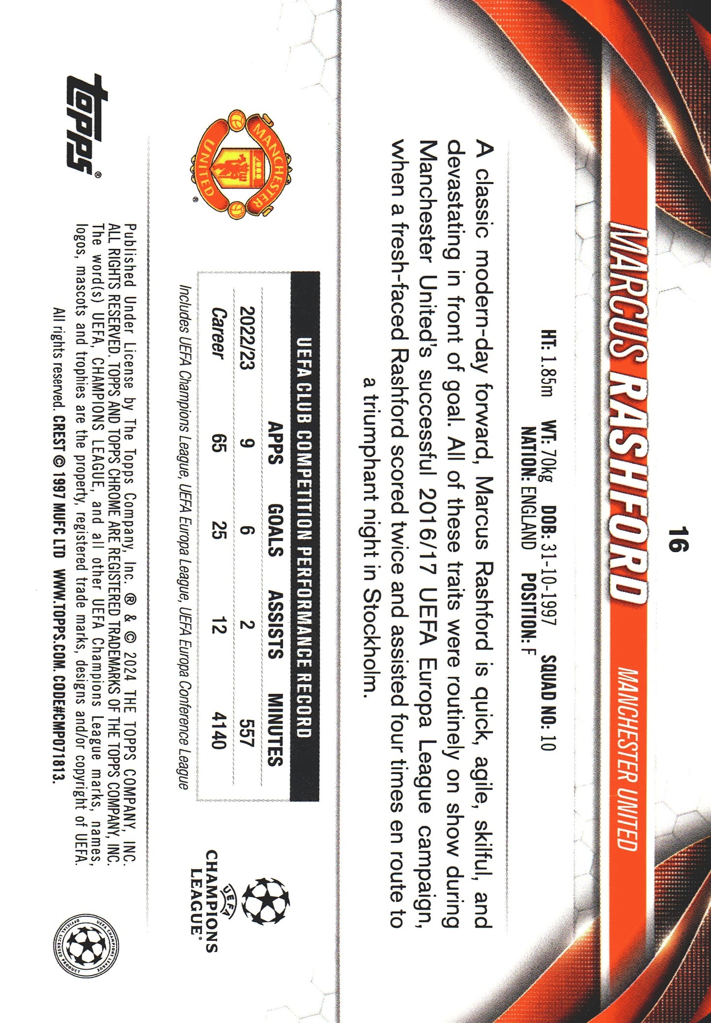 2023 Topps Chrome UCC Toppsfractor /52 Marcus Rashford #16 Manchester United