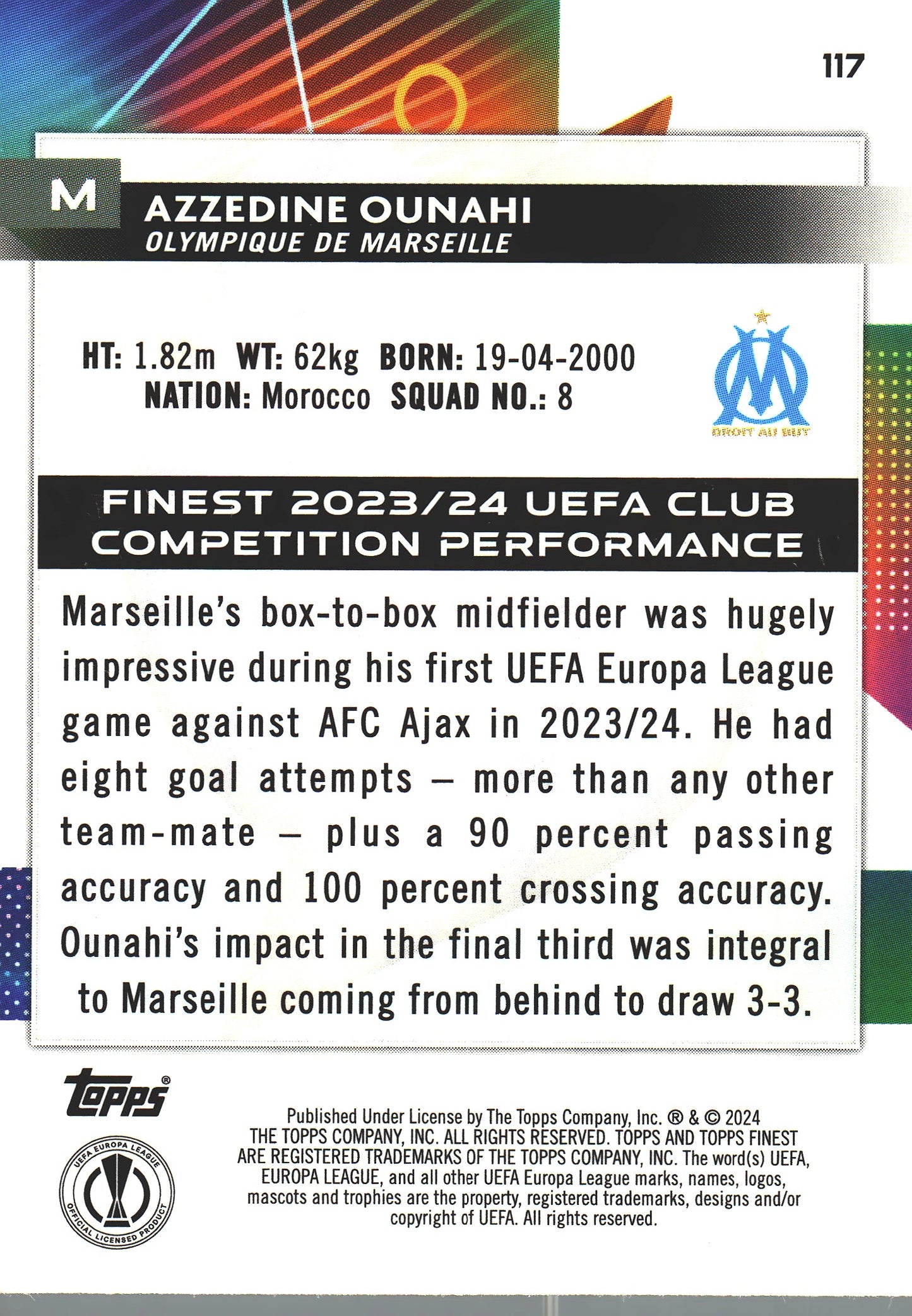 2023 Topps Finest Azzedine Ounahi #117 Olympique de Marseille