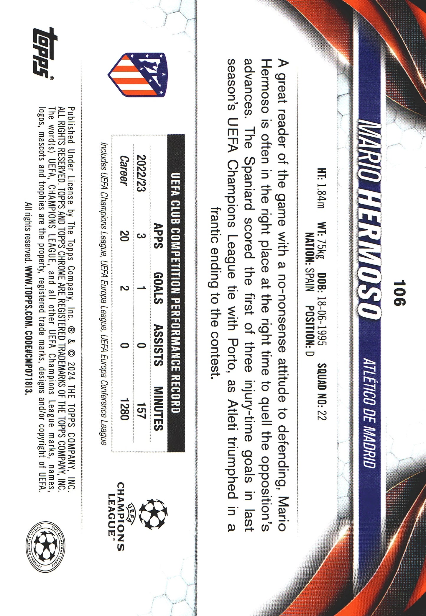 2023 Topps Chrome UCC Aqua Prism Mario Hermoso #106 Atletico de Madrid