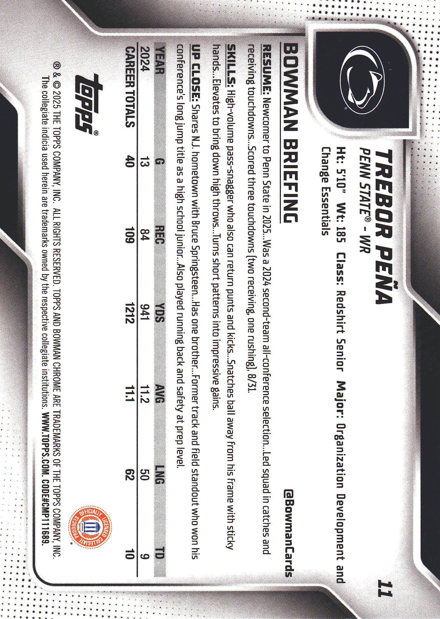 2025 Topps Bowman U Chrome Sapphire 1st Trebor Pena #11 Penn State Nittany Lions
