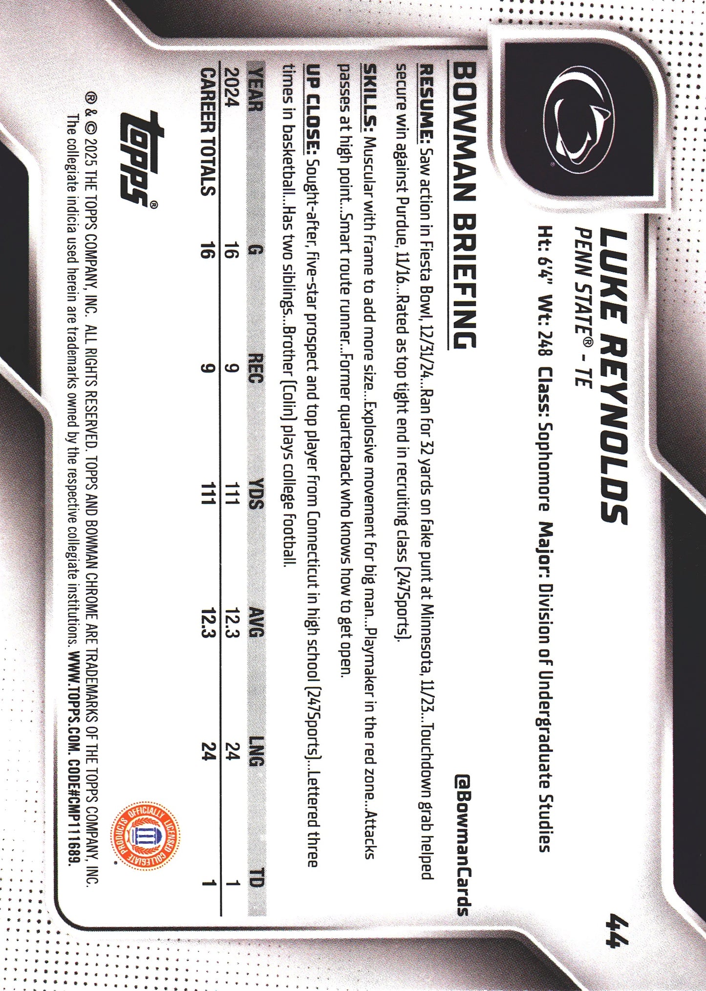2025 Topps Bowman U Chrome Sapphire 1st Luke Reynolds #44 Penn State Nittany Lions