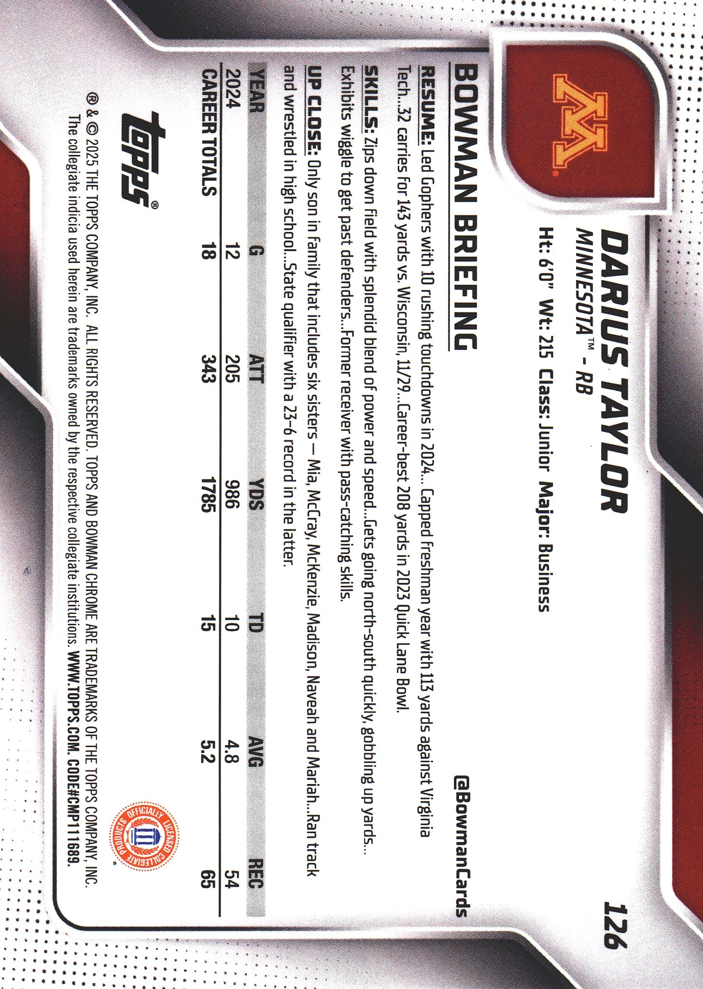2025 Topps Bowman U Chrome Sapphire 1st Darius Taylor #126 Minnesota Golden Gophers