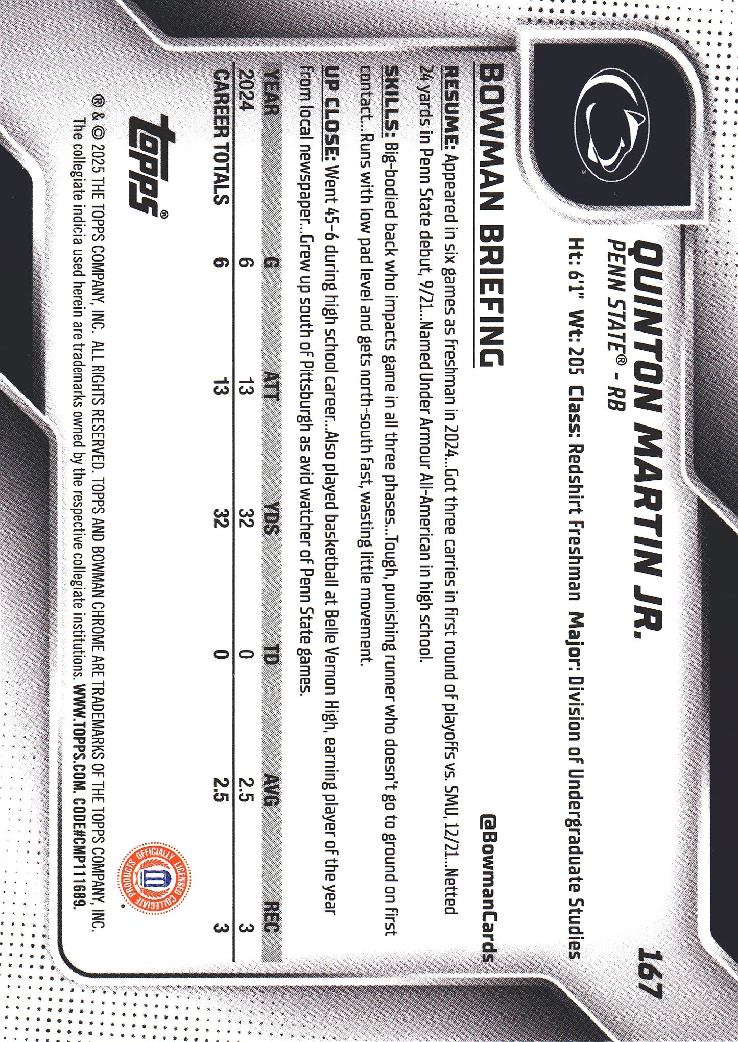2025 Topps Bowman U Chrome Sapphire 1st Quinton Martin Jr. #167 Penn State Nittany Lions
