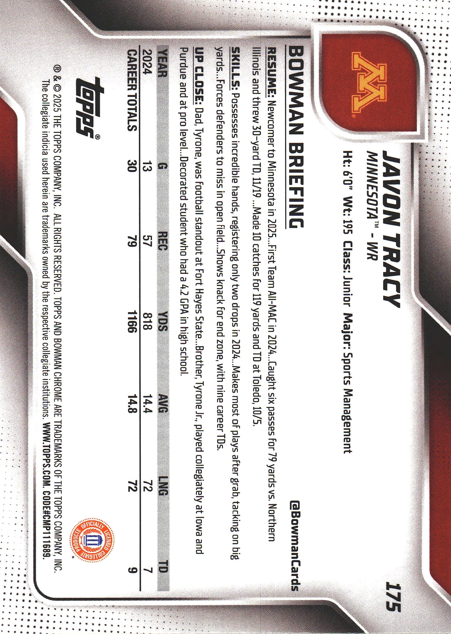 2025 Topps Bowman U Chrome Sapphire 1st Javon Tracy #175 Minnesota Golden Gophers