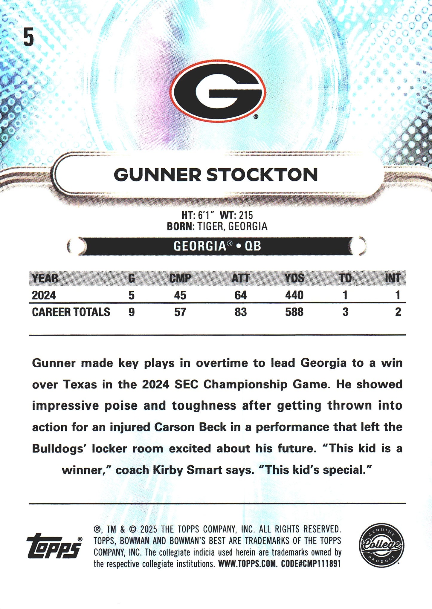 2025 Topps Bowman Best U Gunner Stockton #5 Georgia Bulldogs