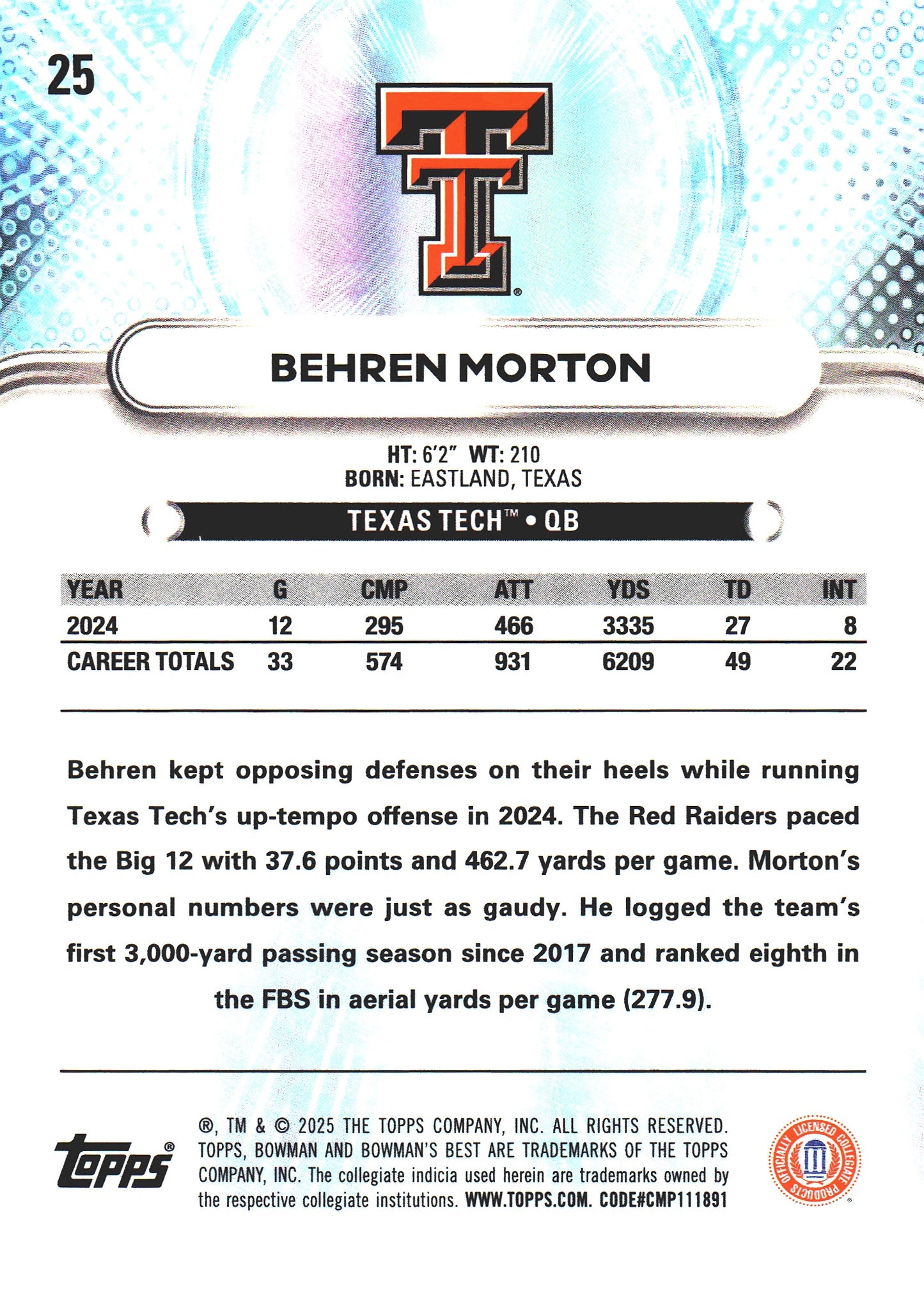 2025 Topps Bowman Best U Behren Morton #25 Texas Tech Red Raiders