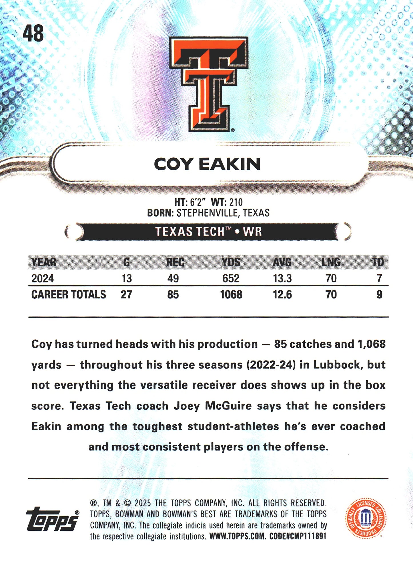 2025 Topps Bowman Best U Coy Eakin #48 Texas Tech Red Raiders