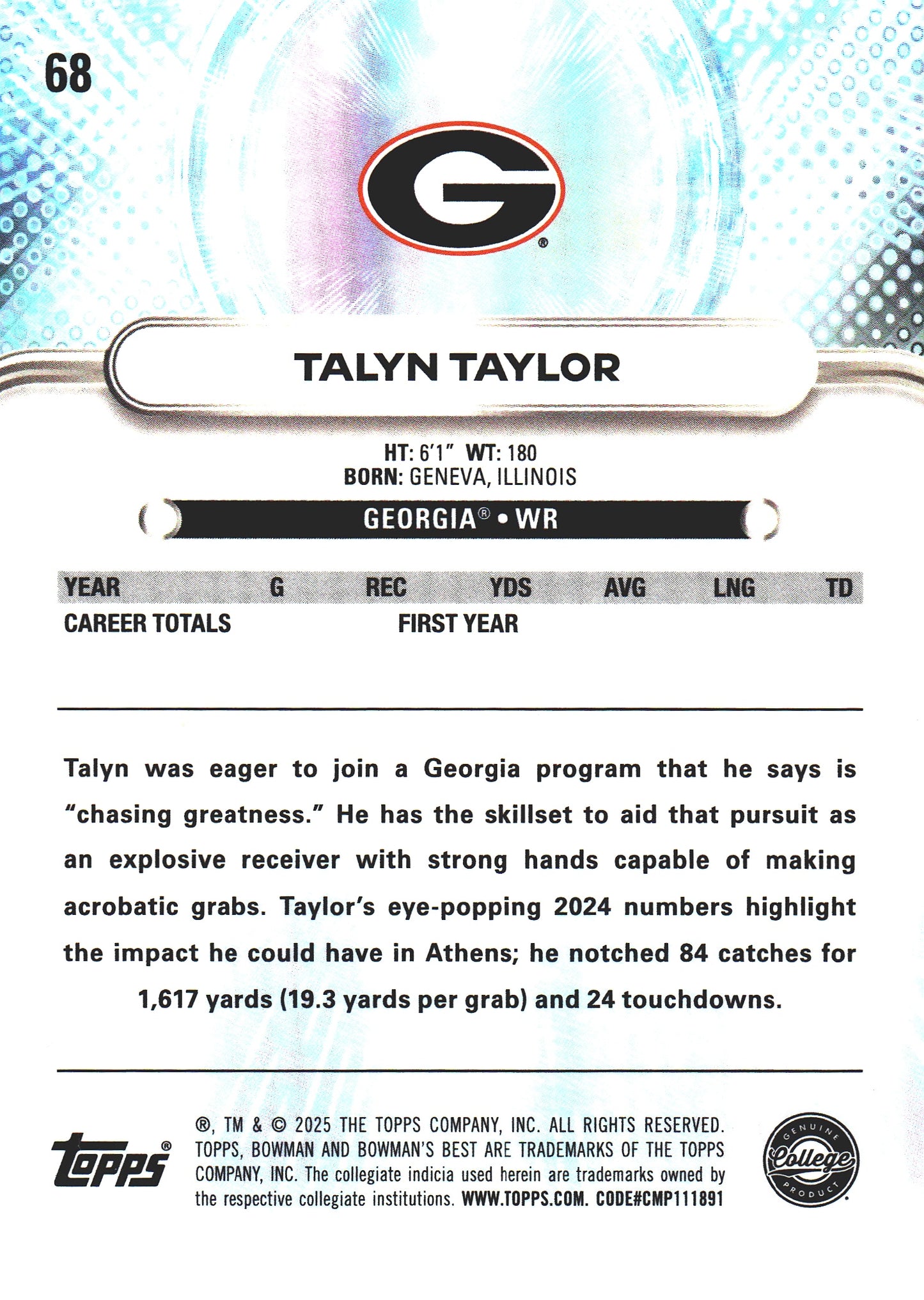 2025 Topps Bowman Best U Talyn Taylor #68 Georgia Bulldogs