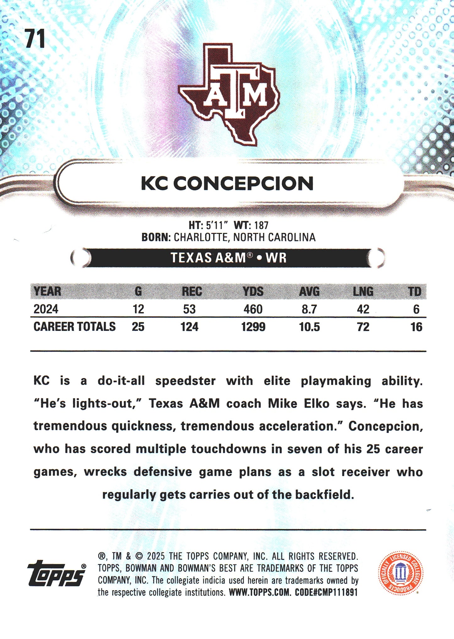 2025 Topps Bowman Best U KC Concepcion #71 Texas A&M Aggies