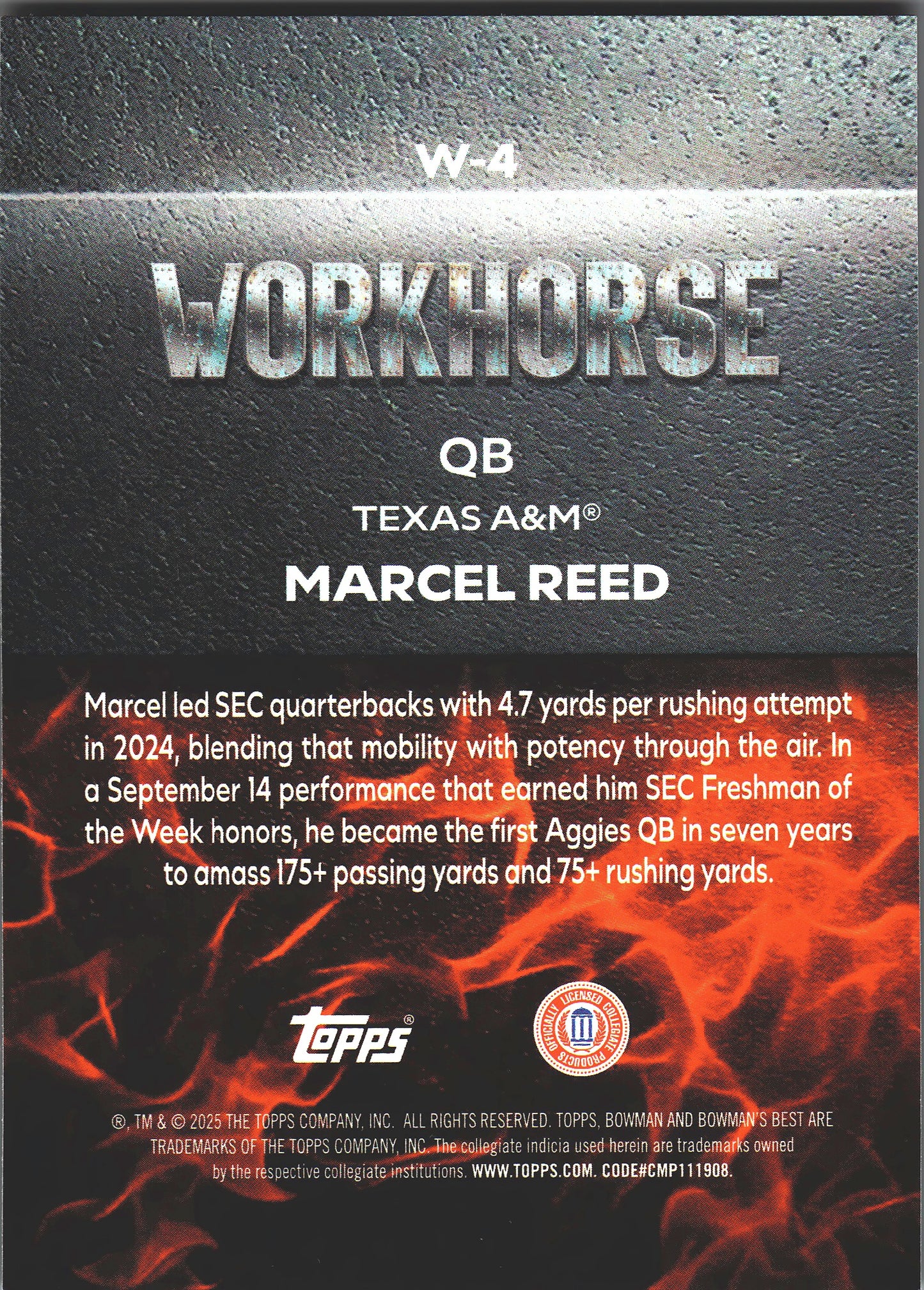 2025 Topps Bowman Best U Workhorse Marcel Reed #W-4 Texas A&M Aggies