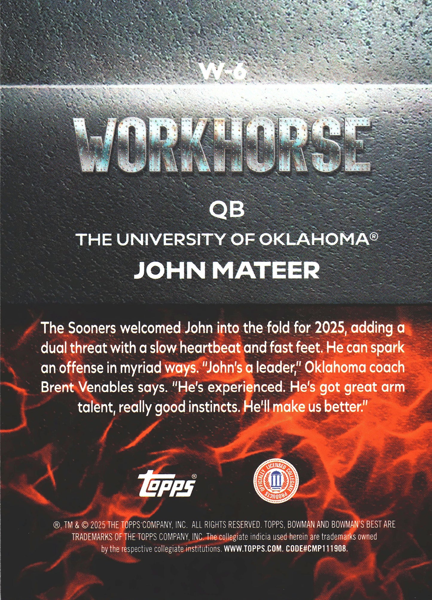 2025 Topps Bowman Best U Workhorse John Mateer #W-6 Oklahoma Sooners