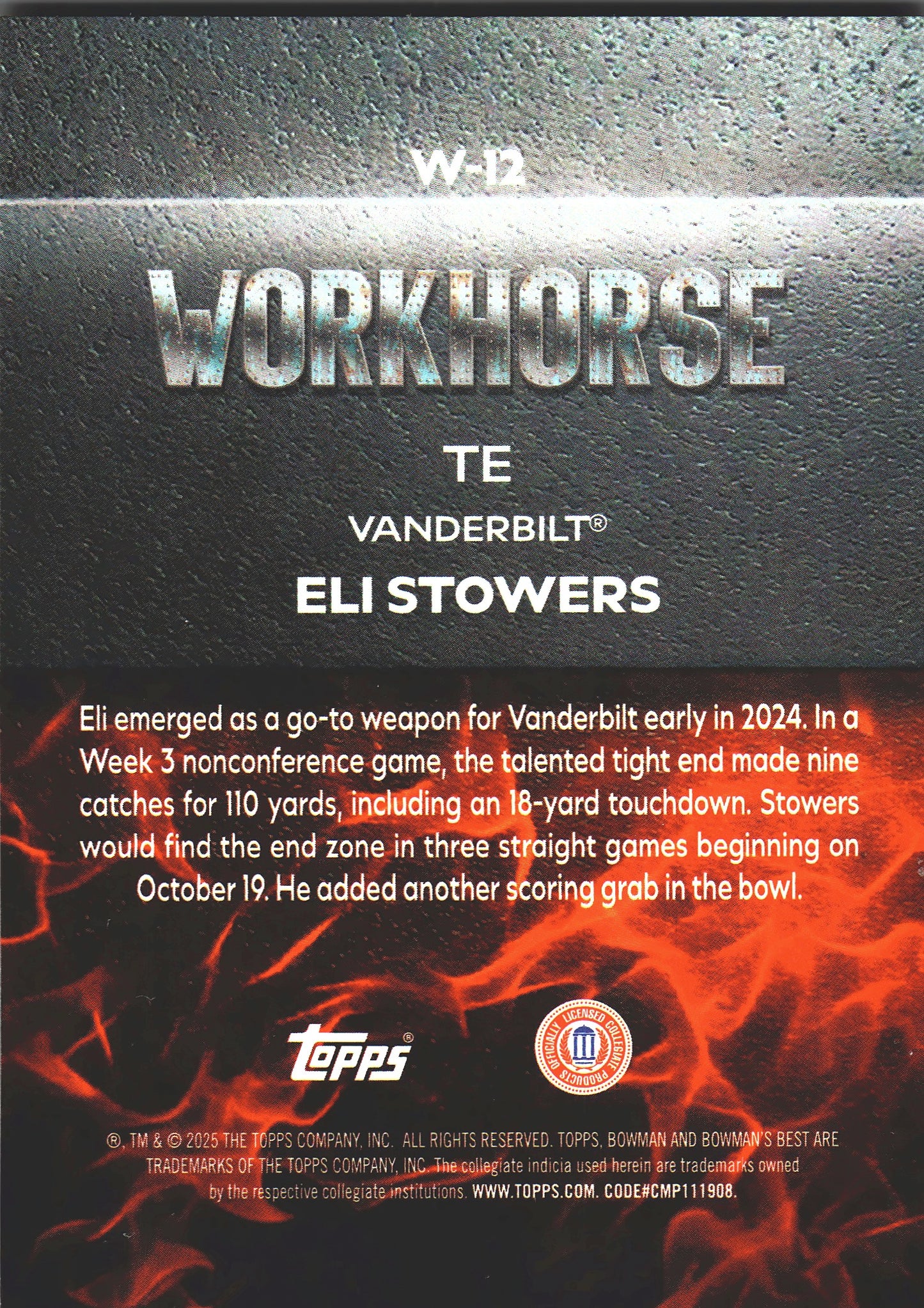 2025 Topps Bowman Best U Workhorse Eli Stowers #W-12 Vanderbilt Commodores