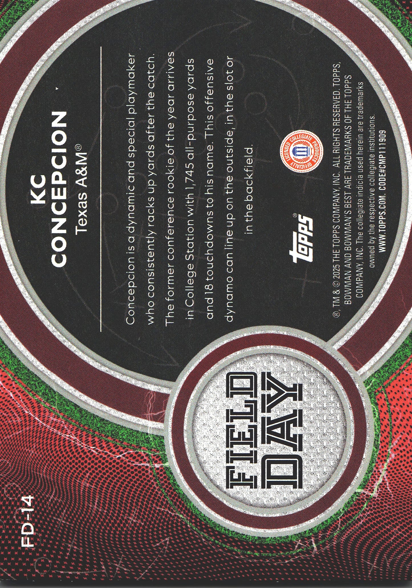 2025 Topps Bowman Best U Field Day KC Concepcion #FD-14 Texas A&M Aggies