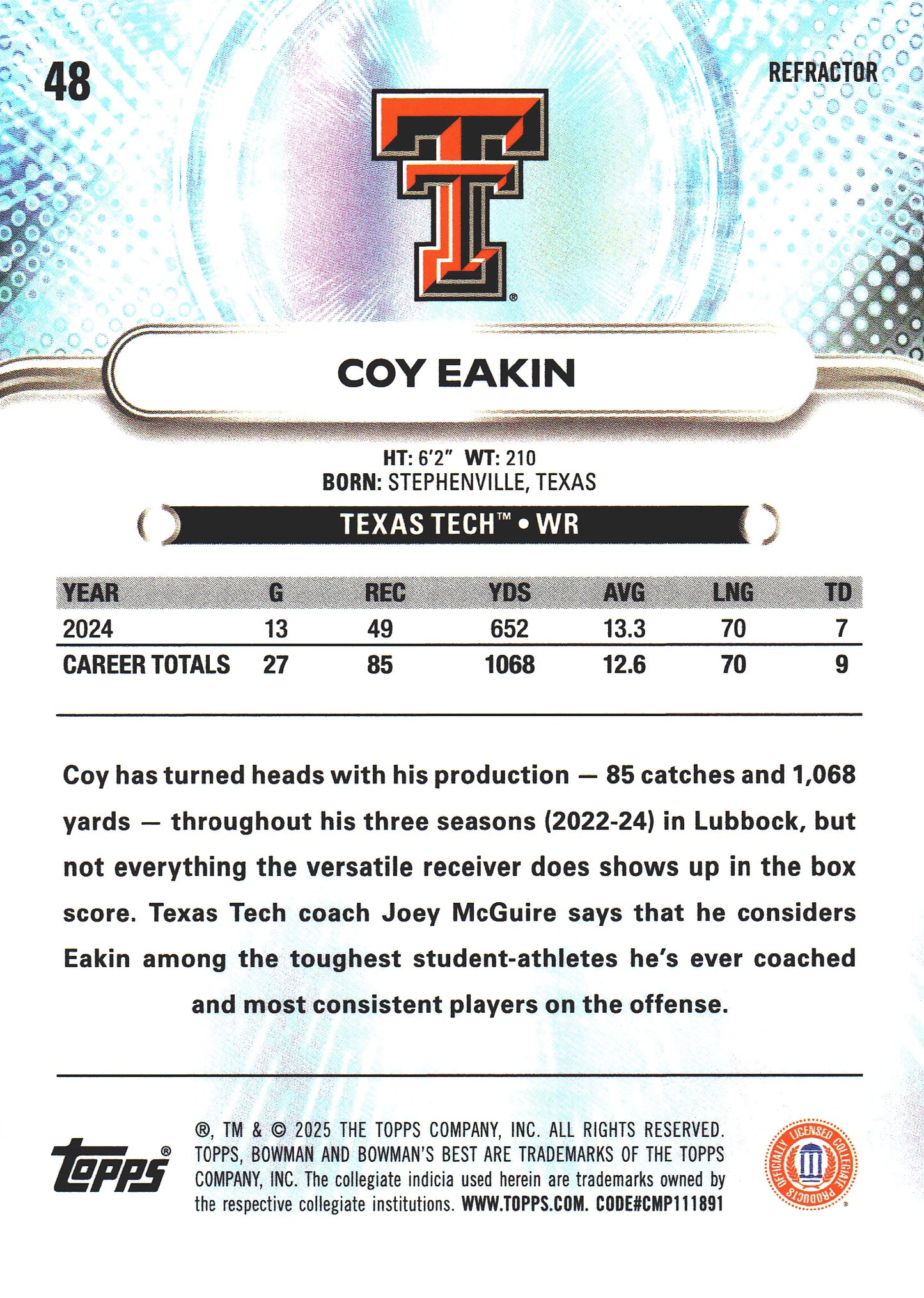 2025 Topps Bowman Best U Refractor Coy Eakin #48 Texas Tech Red Raiders