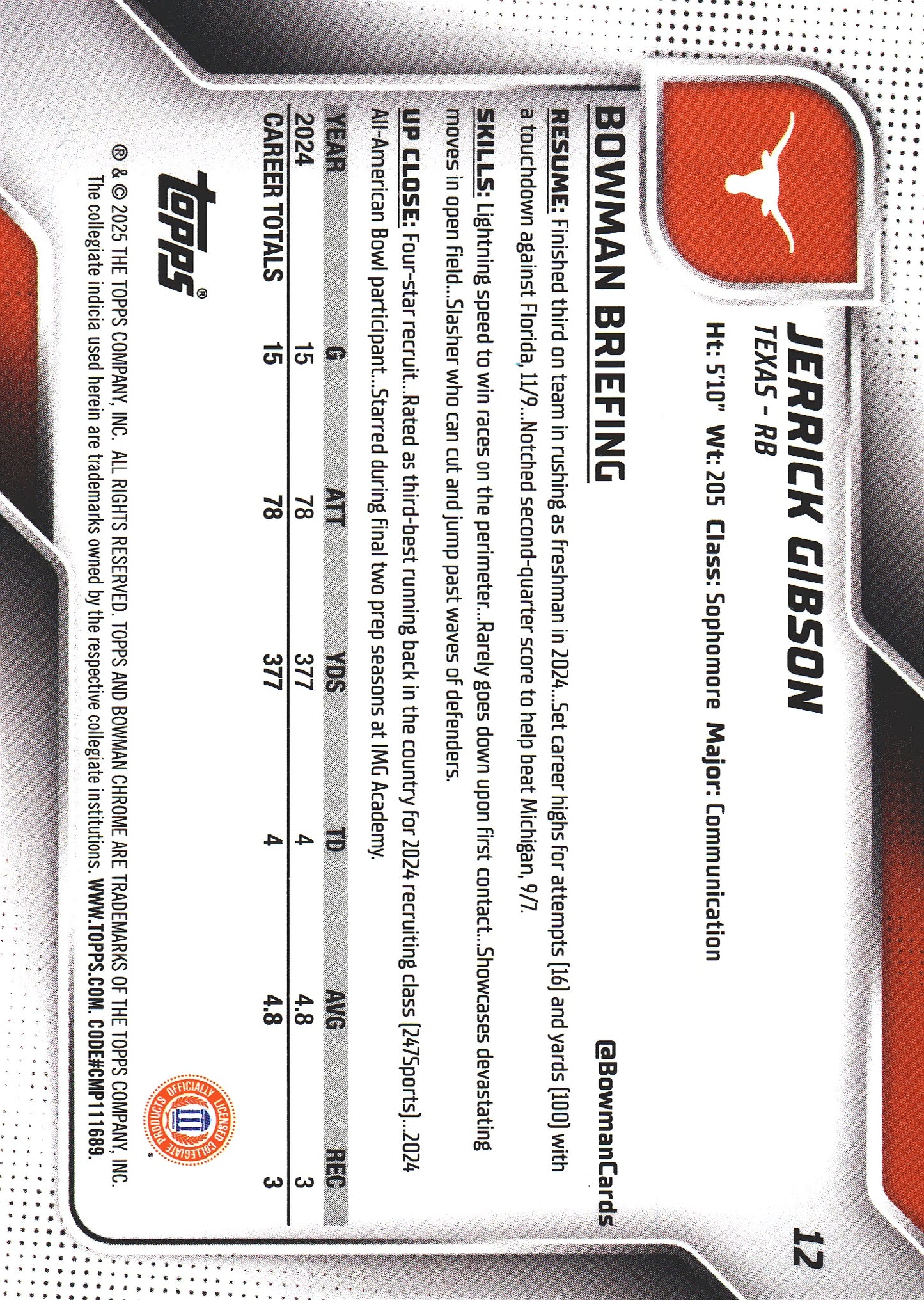 2025 Topps Bowman U Chrome X-Fractor Jerrick Gibson 1st #12 Texas Longhorns