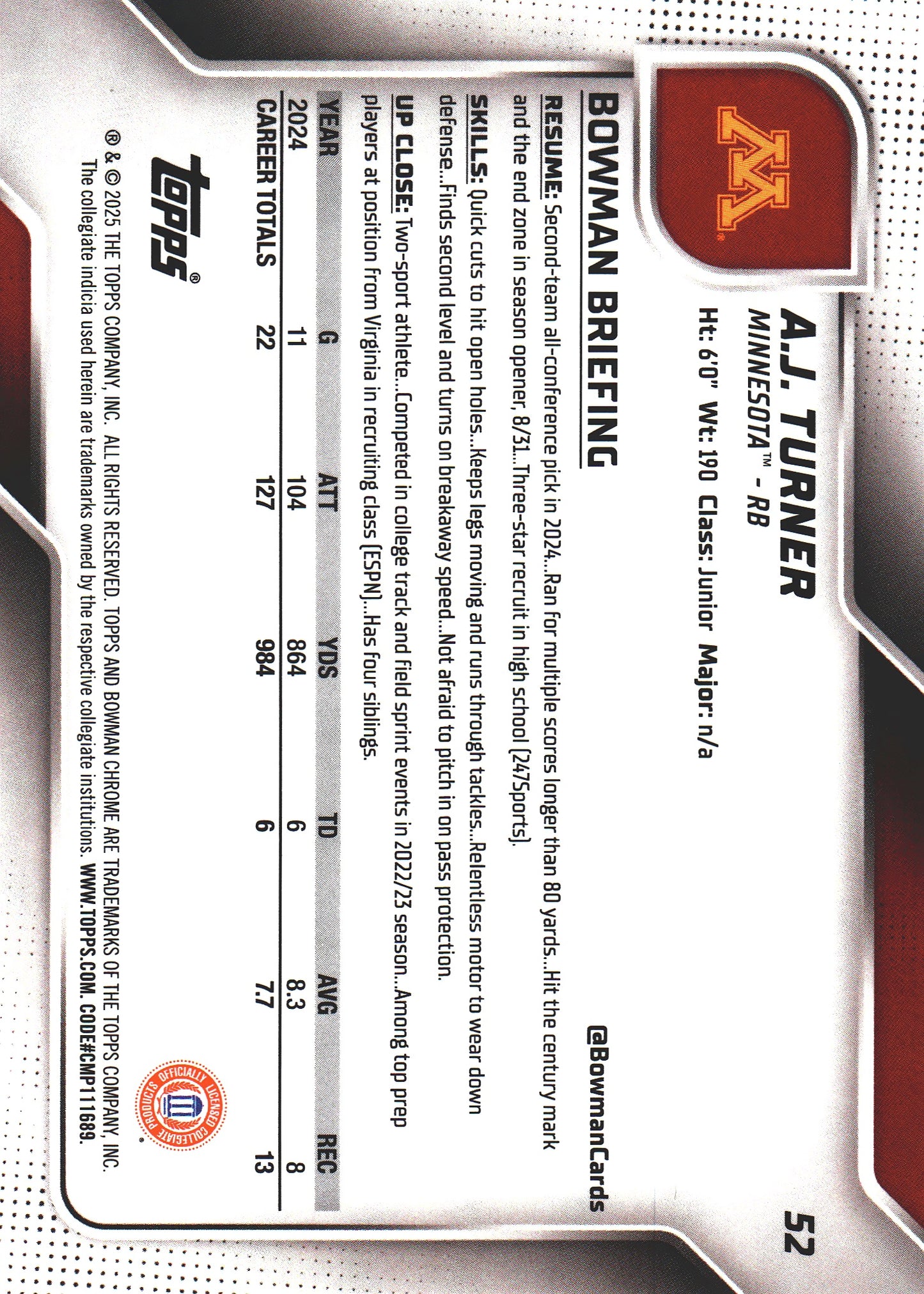 2025 Topps Bowman U Chrome X-Fractor A.J. Turner 1st #52 Minnesota Golden Gophers