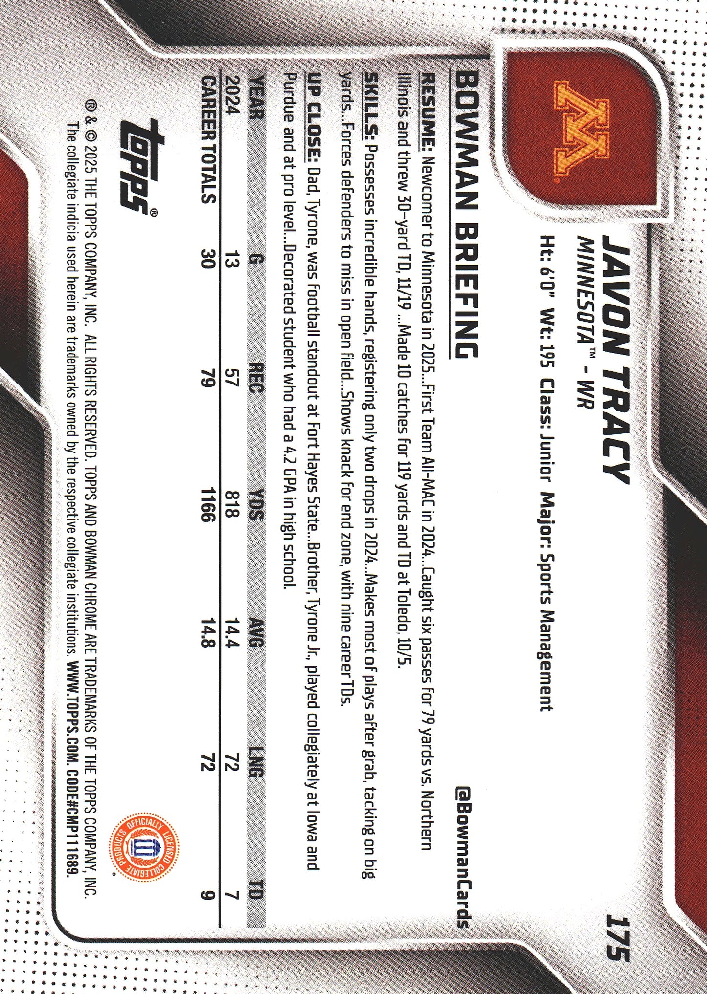 2025 Topps Bowman U Chrome X-Fractor Javon Tracy 1st #175 Minnesota Golden Gophers