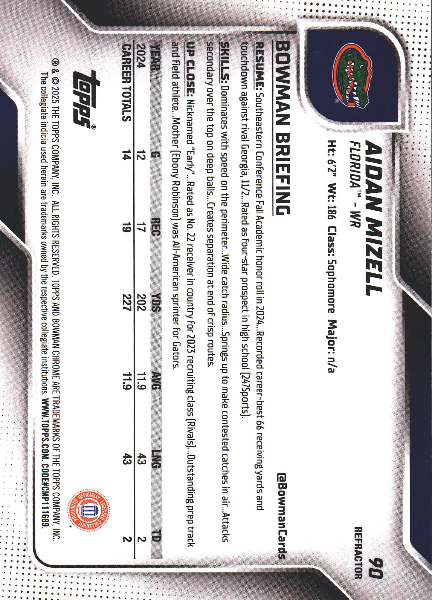 2025 Topps Bowman U Chrome Refractor Aidan Mizell 1st #90 Florida Gators