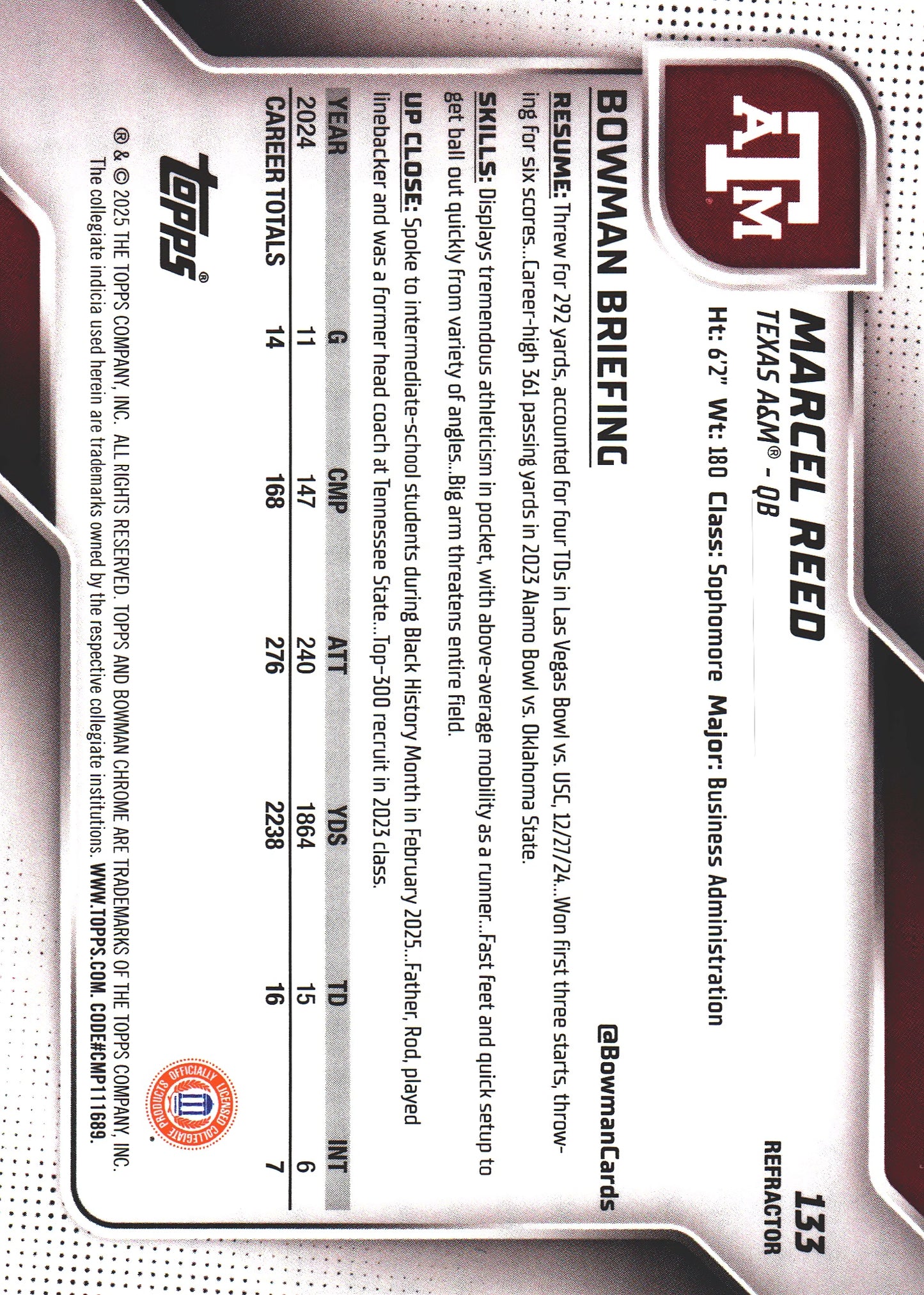2025 Topps Bowman U Chrome Refractor Marcel Reed #133 Texas A&M Aggies