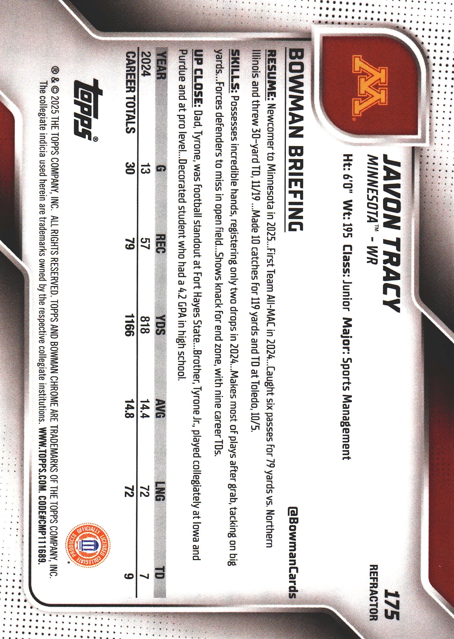 2025 Topps Bowman U Chrome Refractor Chase Sowell 1st #123 Iowa State Cyclones