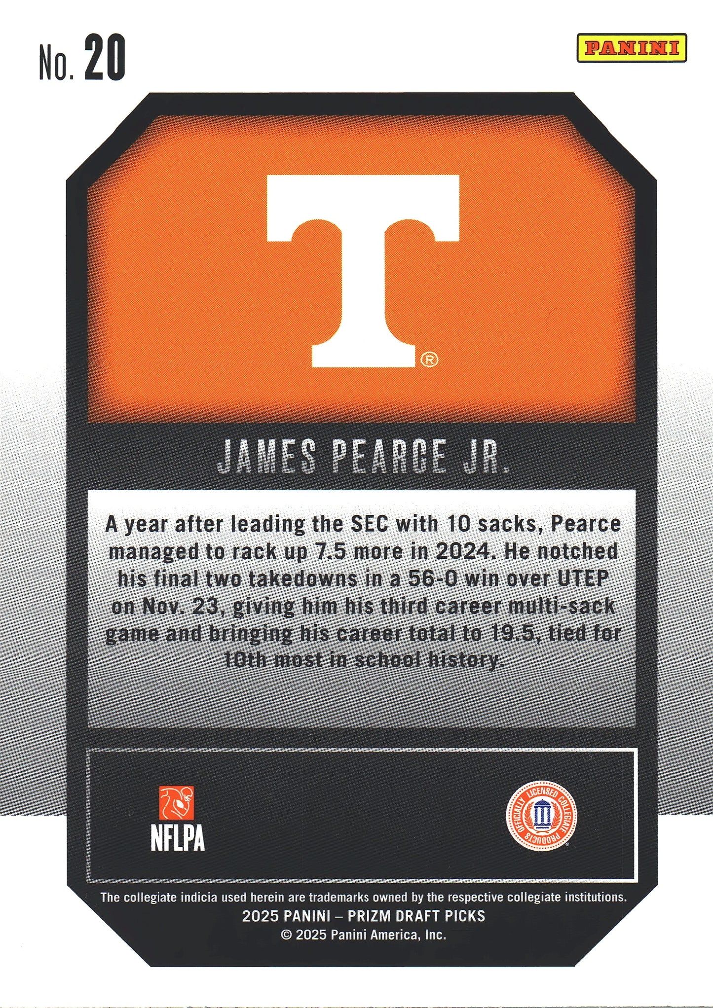 2025 Panini Prizm Draft Picks New Recruits James Pearce Jr. #20 Tennessee Volunteers