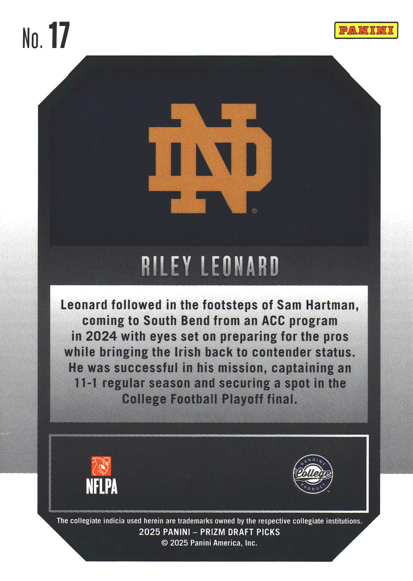 2025 Panini Prizm Draft Picks New Recruits Riley Leonard #17 Notre Dame Fighting Irish
