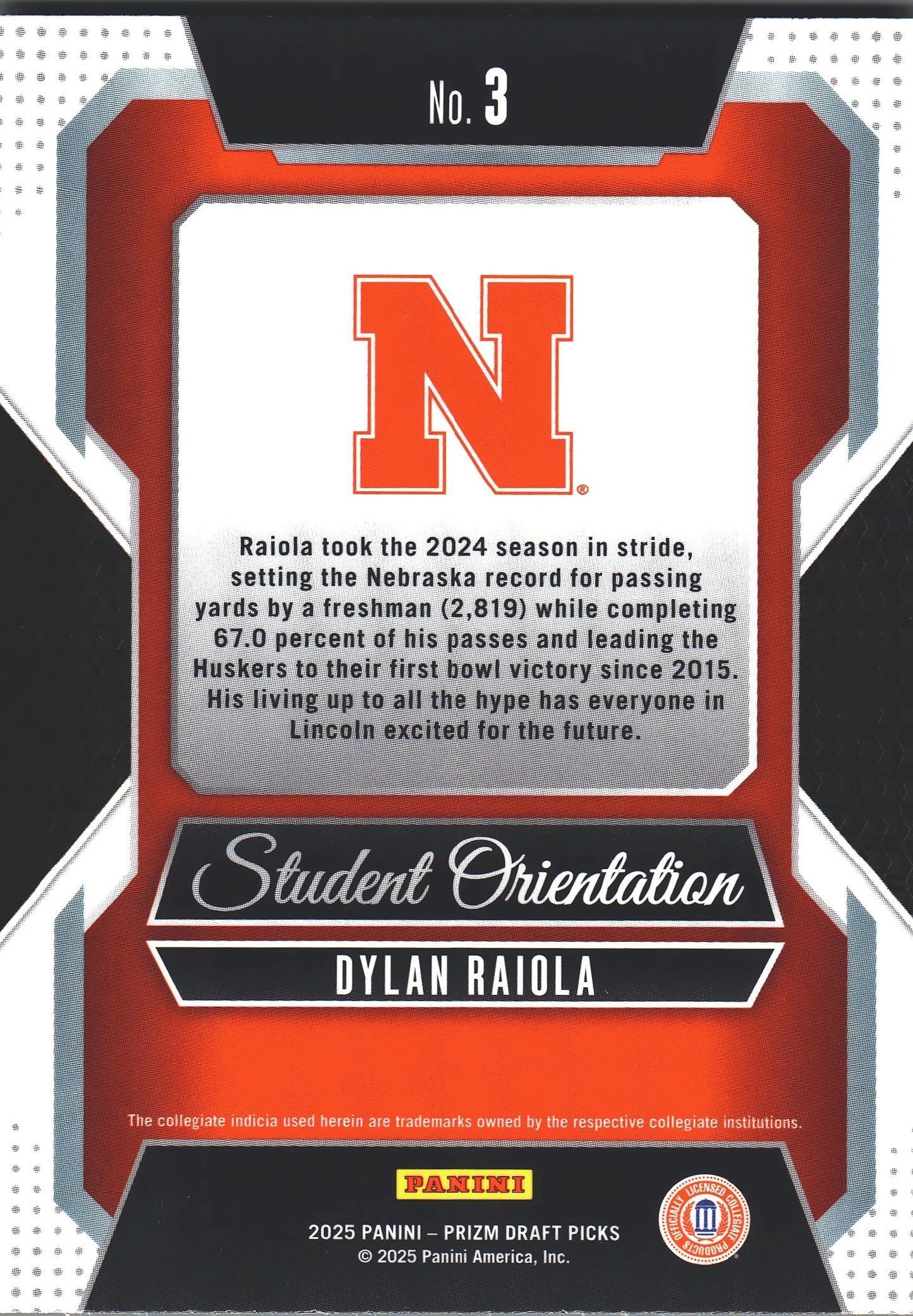 2025 Panini Prizm Draft Picks Student Orientation Dylan Raiola #3 Nebraska Cornhuskers