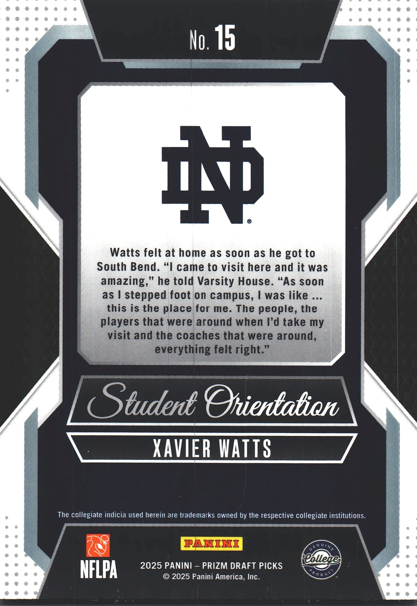 2025 Panini Prizm Draft Picks Student Orientation Xavier Watts #15 Notre Dame Fighting Irish